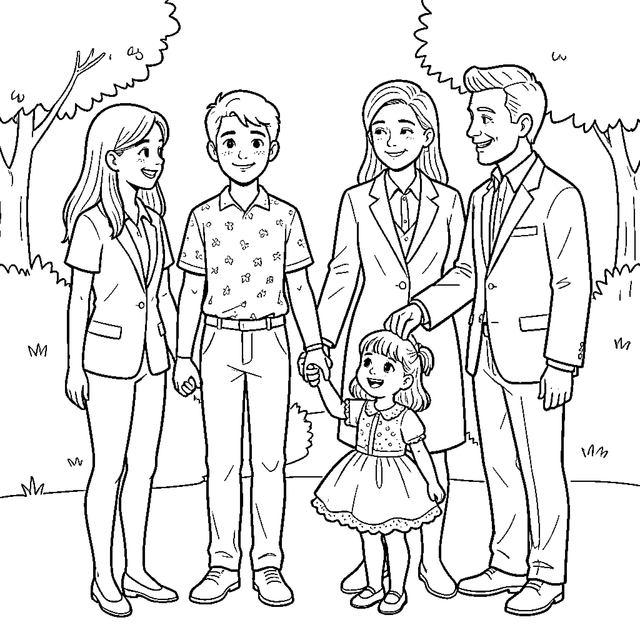 Couple in formal attire with young girl Coloring Page (free black-and-white line drawing printable PDF for all, from beginners to advanced learners, including children, teens, adults, and seniors)