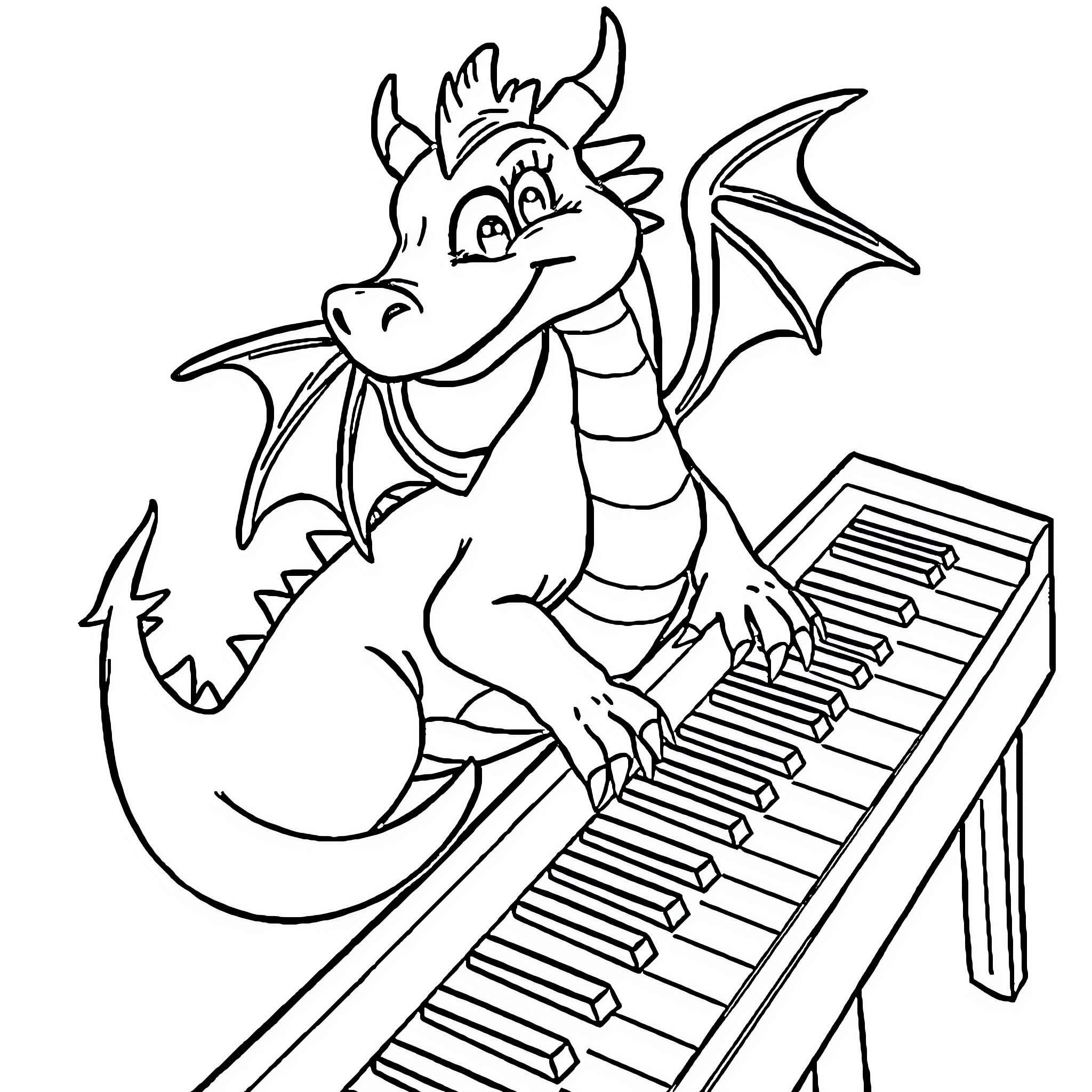 Dragon playing a musical keyboard happily Coloring Page (free black-and-white line drawing printable PDF for all, from beginners to advanced learners, including children, teens, adults, and seniors)