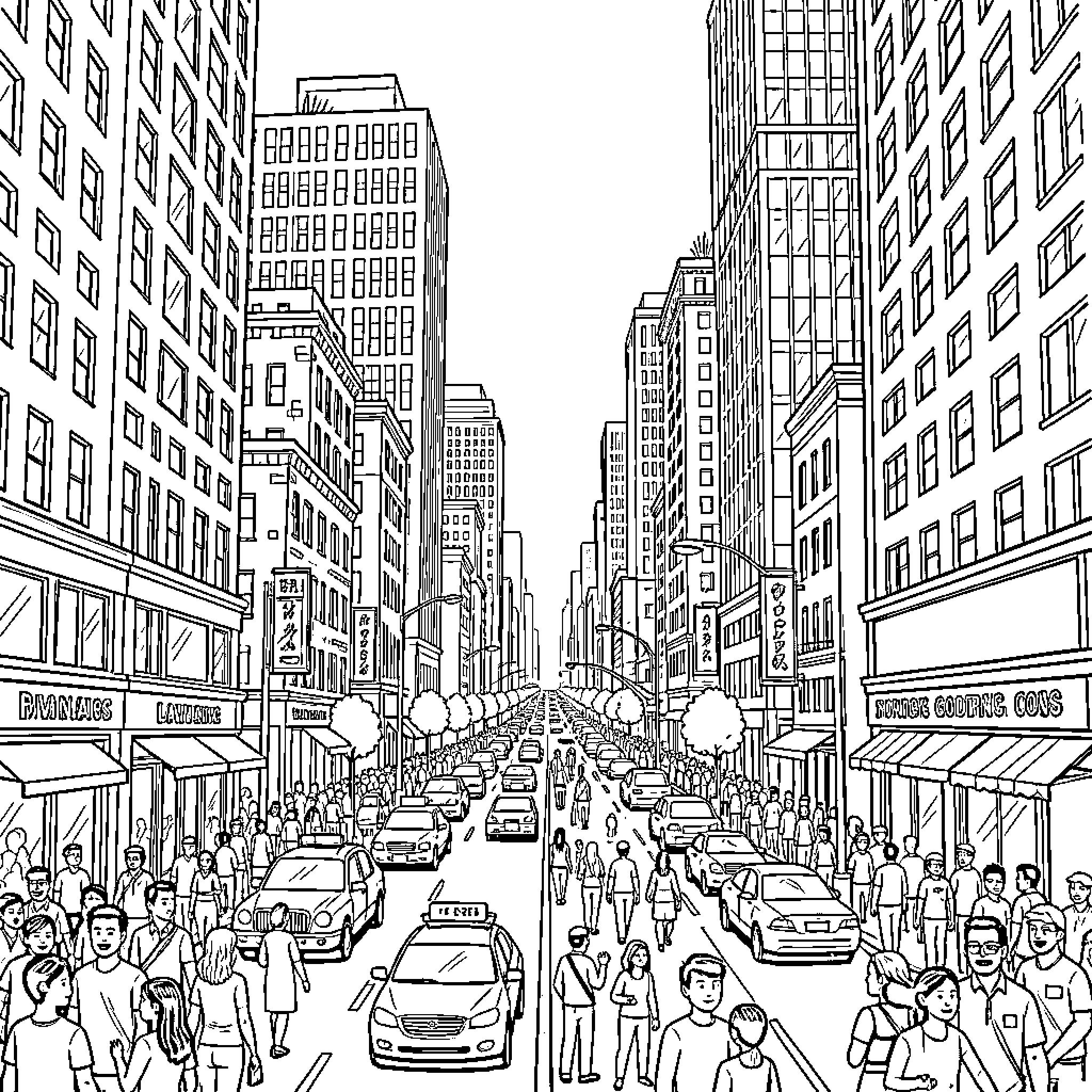 Urban Environment of Crowded Cityscape and Bustling Streets Coloring Page (free black-and-white line drawing printable PDF for all, from beginners to advanced learners, including children, teens, adults, and seniors)