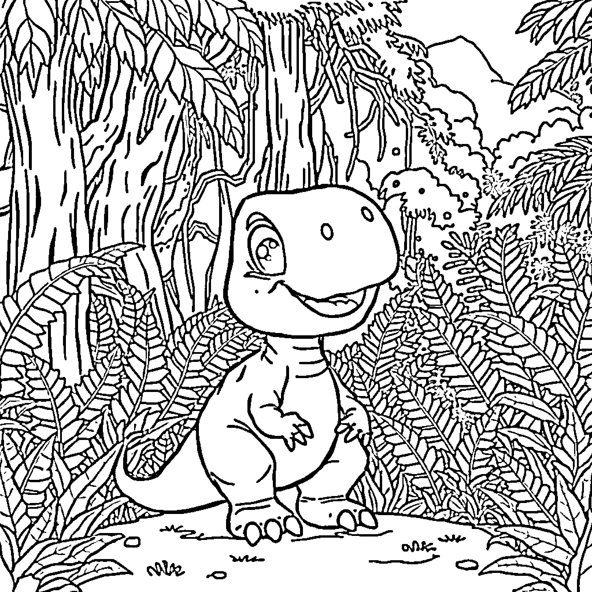 Baby T-Rex exploring the lush jungle Coloring Page (free black-and-white line drawing printable PDF for all, from beginners to advanced learners, including children, teens, adults, and seniors)