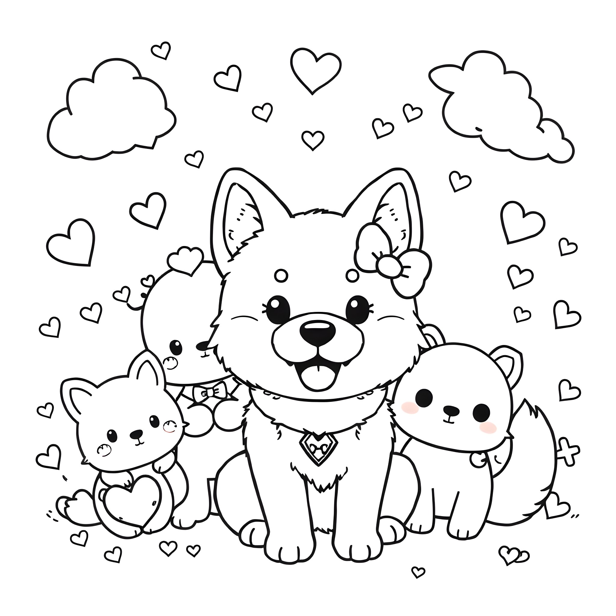 Sanrio Puppies and Cute Hearts Coloring Page (free black-and-white line drawing printable PDF for all, from beginners to advanced learners, including children, teens, adults, and seniors)
