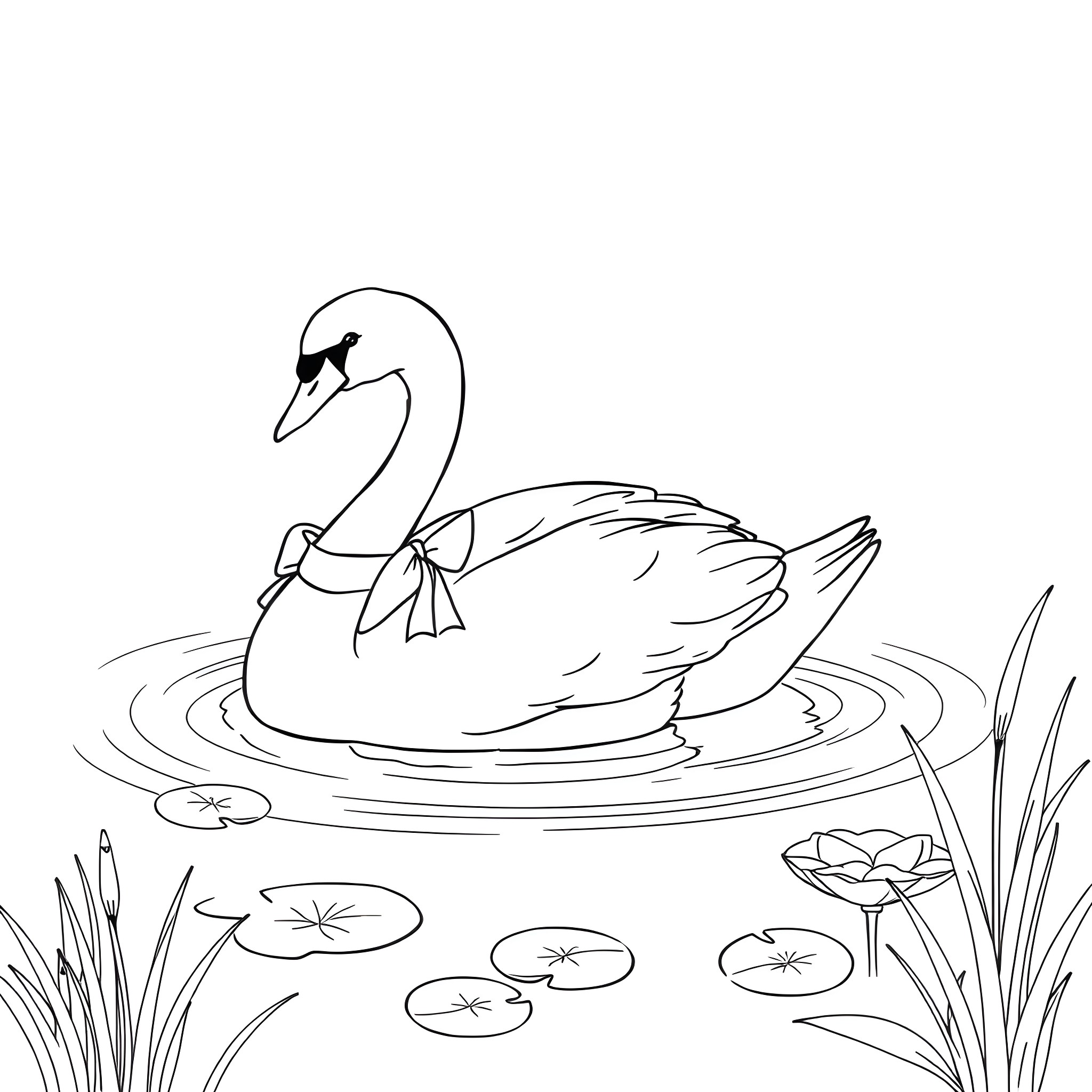 Swan gliding gracefully on a tranquil pond Coloring Page (free black-and-white line drawing printable PDF for all, from beginners to advanced learners, including children, teens, adults, and seniors)