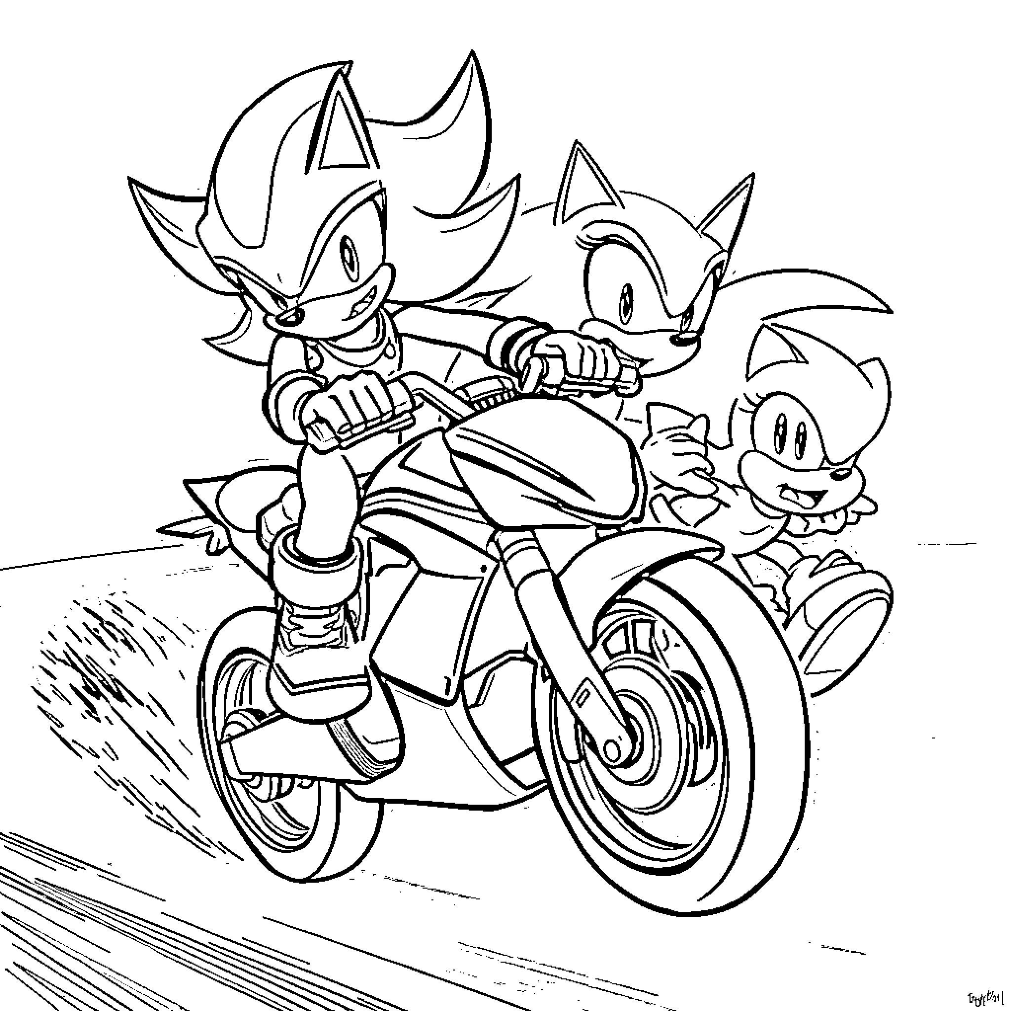 Sonic and Friends Riding Motorcycles Excitedly Coloring Page (free black-and-white line drawing printable PDF for all, from beginners to advanced learners, including children, teens, adults, and seniors)