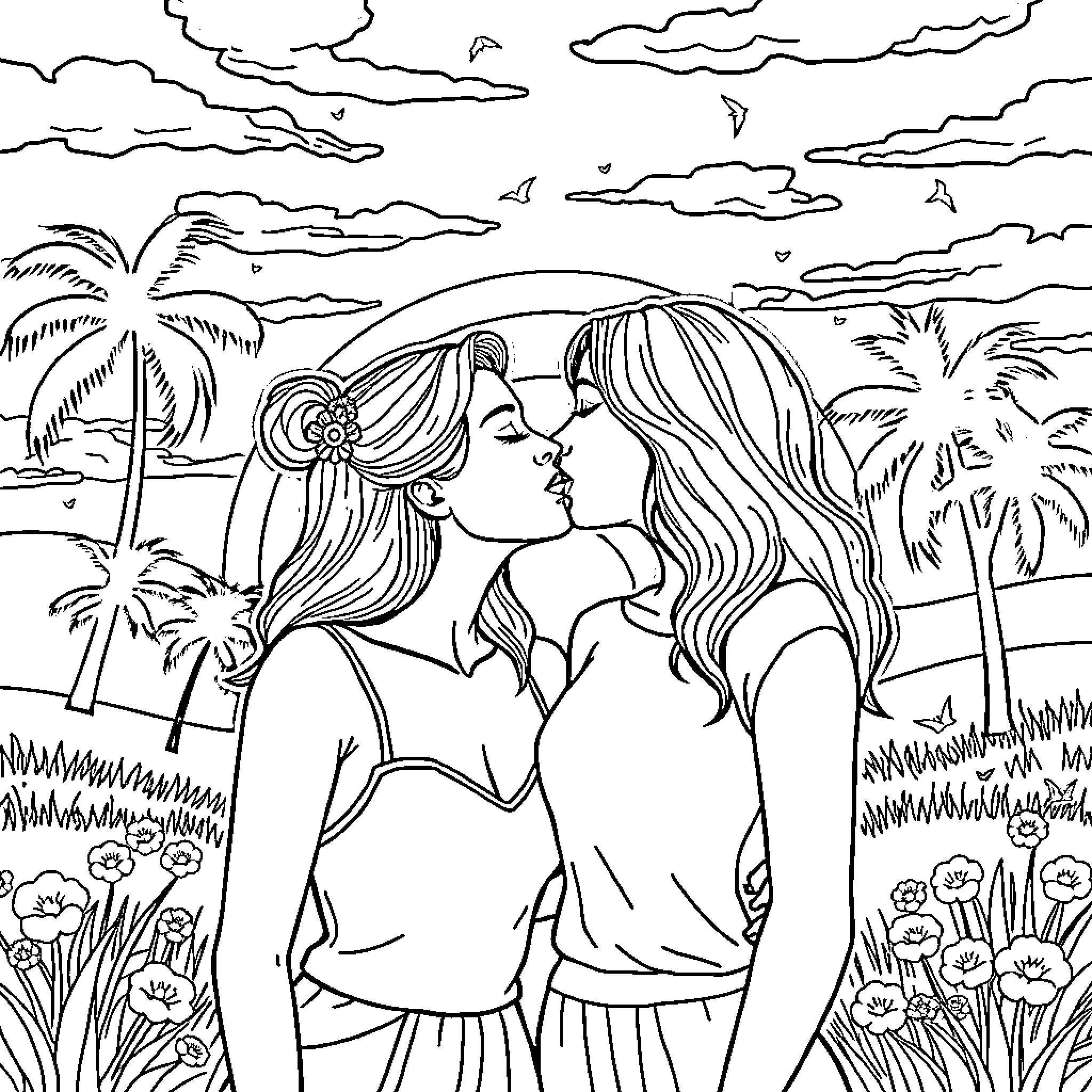 Lesbian Lovers Embracing on Tropical Beach Coloring Page (free black-and-white line drawing printable PDF for all, from beginners to advanced learners, including children, teens, adults, and seniors)