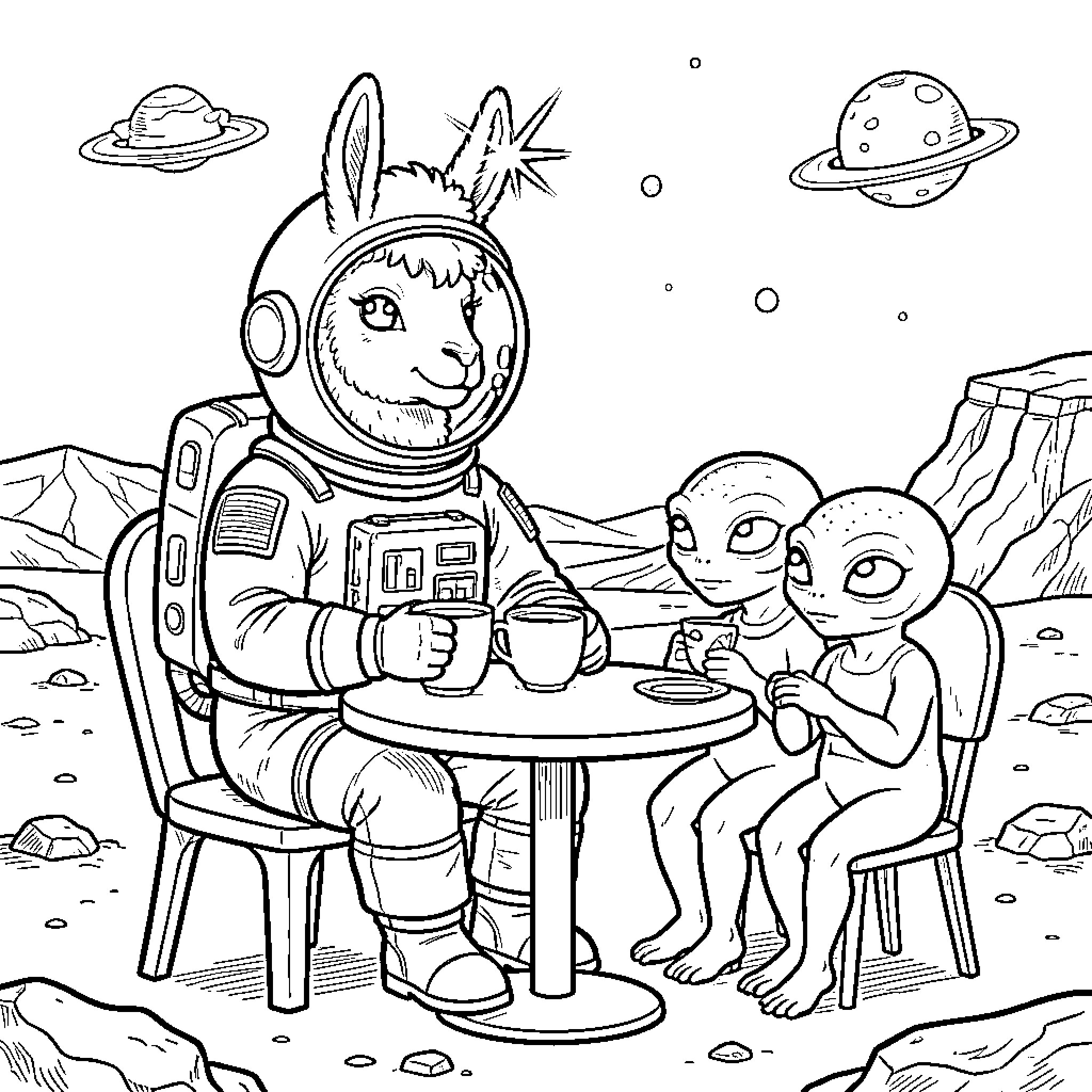 Llama astronauts having a friendly tea party on alien planet Coloring Page (free black-and-white line drawing printable PDF for all, from beginners to advanced learners, including children, teens, adults, and seniors)