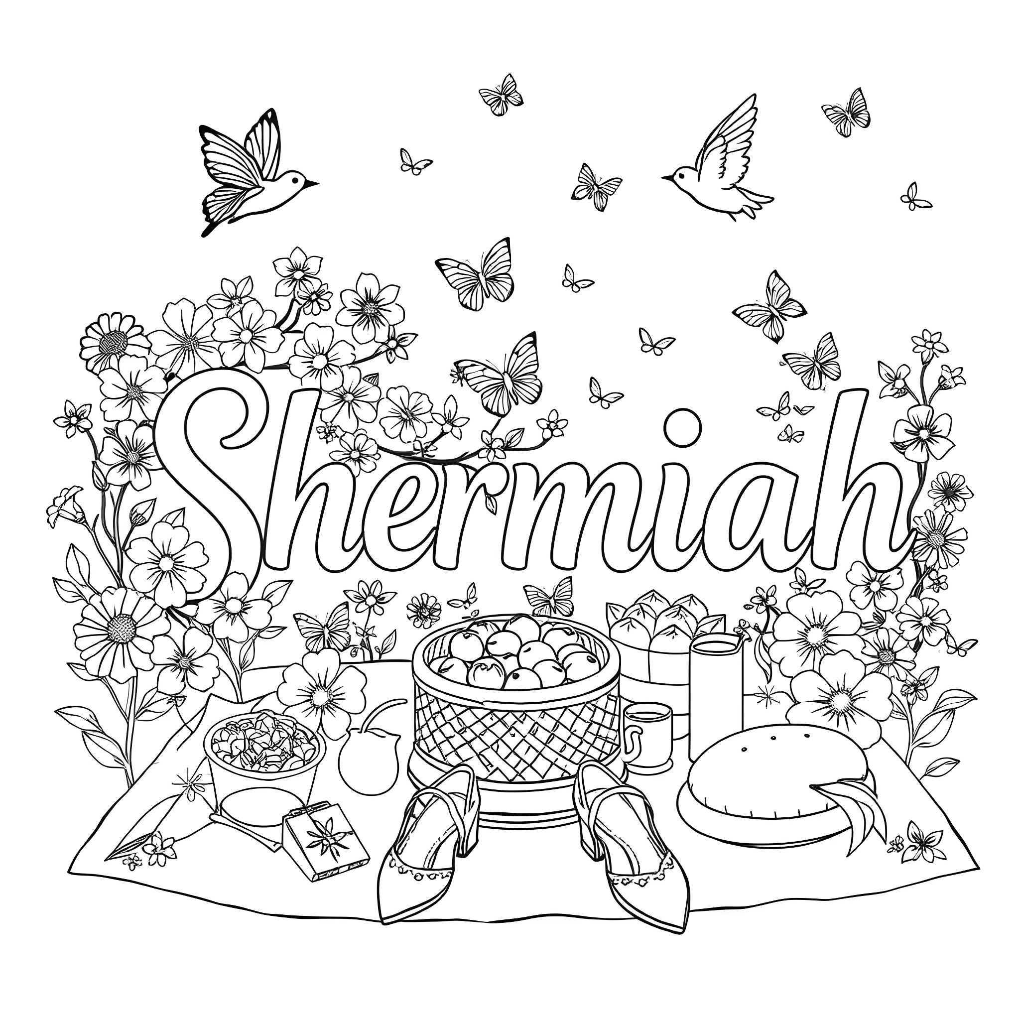 Shermiah's Picnic in the Floral Garden Coloring Page (free black-and-white line drawing printable PDF for all, from beginners to advanced learners, including children, teens, adults, and seniors)