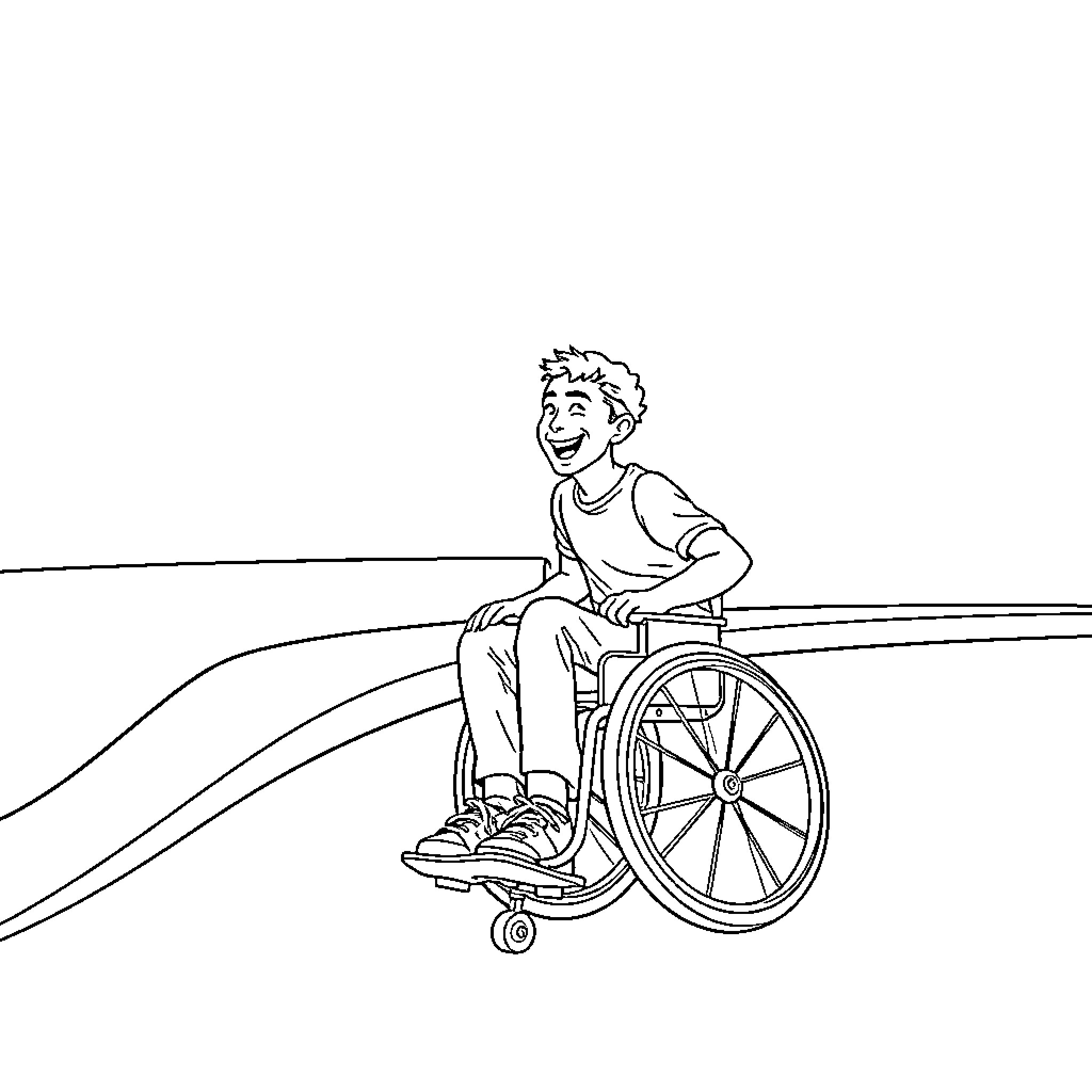 Guy in Wheelchair Outdoors on Pathway Coloring Page (free black-and-white line drawing printable PDF for all, from beginners to advanced learners, including children, teens, adults, and seniors)