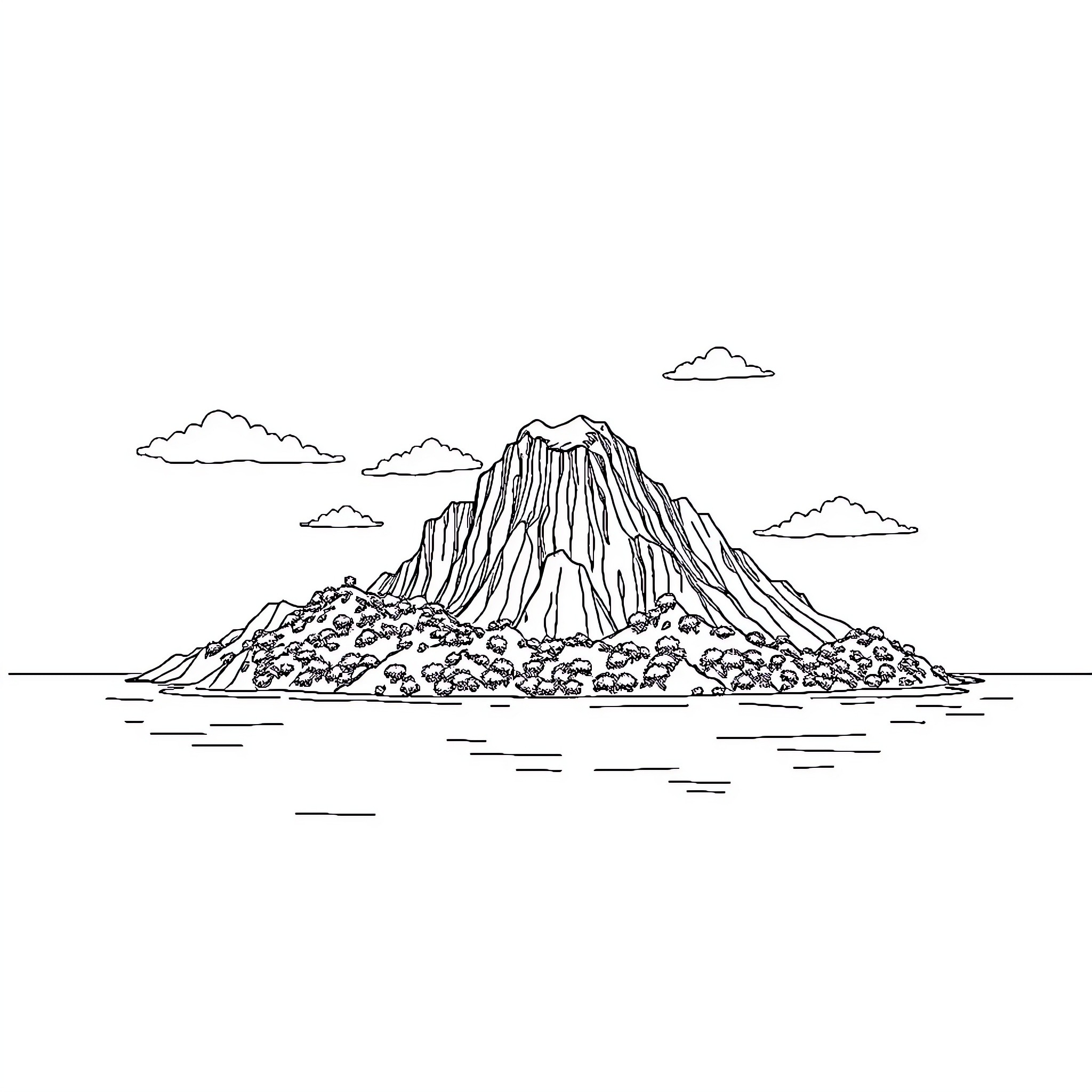 Island with Majestic Mountain Landscape Coloring Page (free black-and-white line drawing printable PDF for all, from beginners to advanced learners, including children, teens, adults, and seniors)
