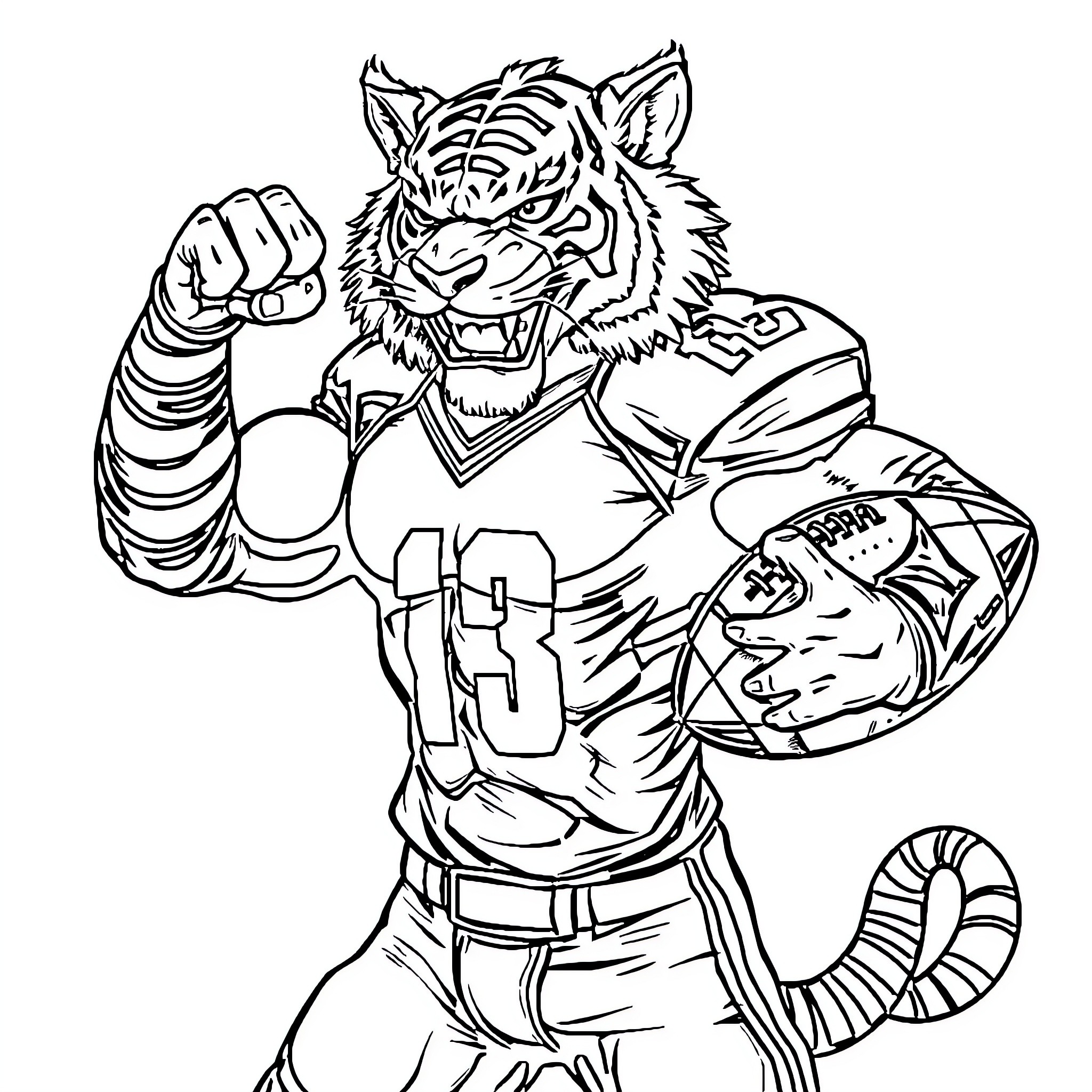 Tiger athlete in uniform celebrating victory Coloring Page (free black-and-white line drawing printable PDF for all, from beginners to advanced learners, including children, teens, adults, and seniors)