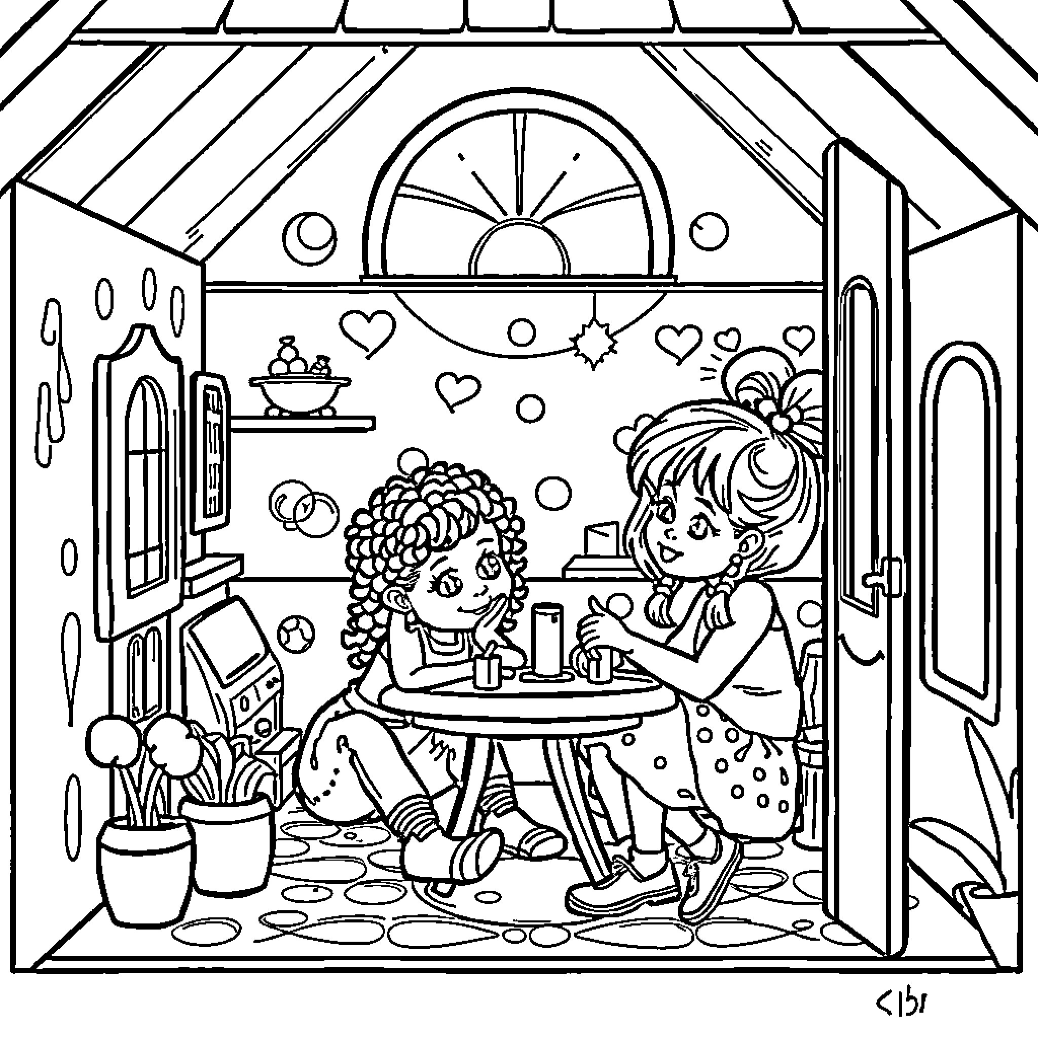 Doll House: Girls playing tea party in cozy home Coloring Page (free black-and-white line drawing printable PDF for all, from beginners to advanced learners, including children, teens, adults, and seniors)