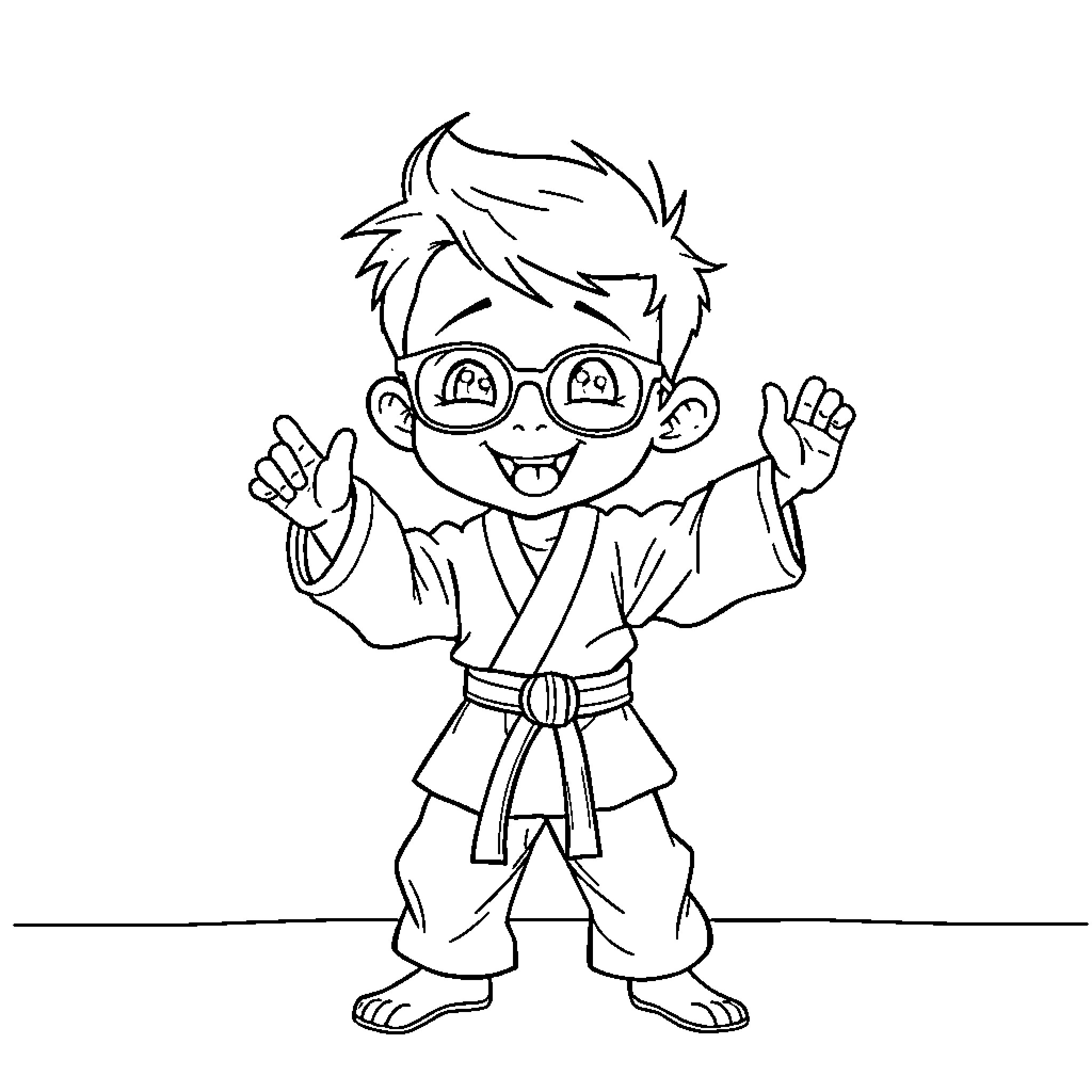 Kid Martial Artist Posing Excitedly Coloring Page (free black-and-white line drawing printable PDF for all, from beginners to advanced learners, including children, teens, adults, and seniors)