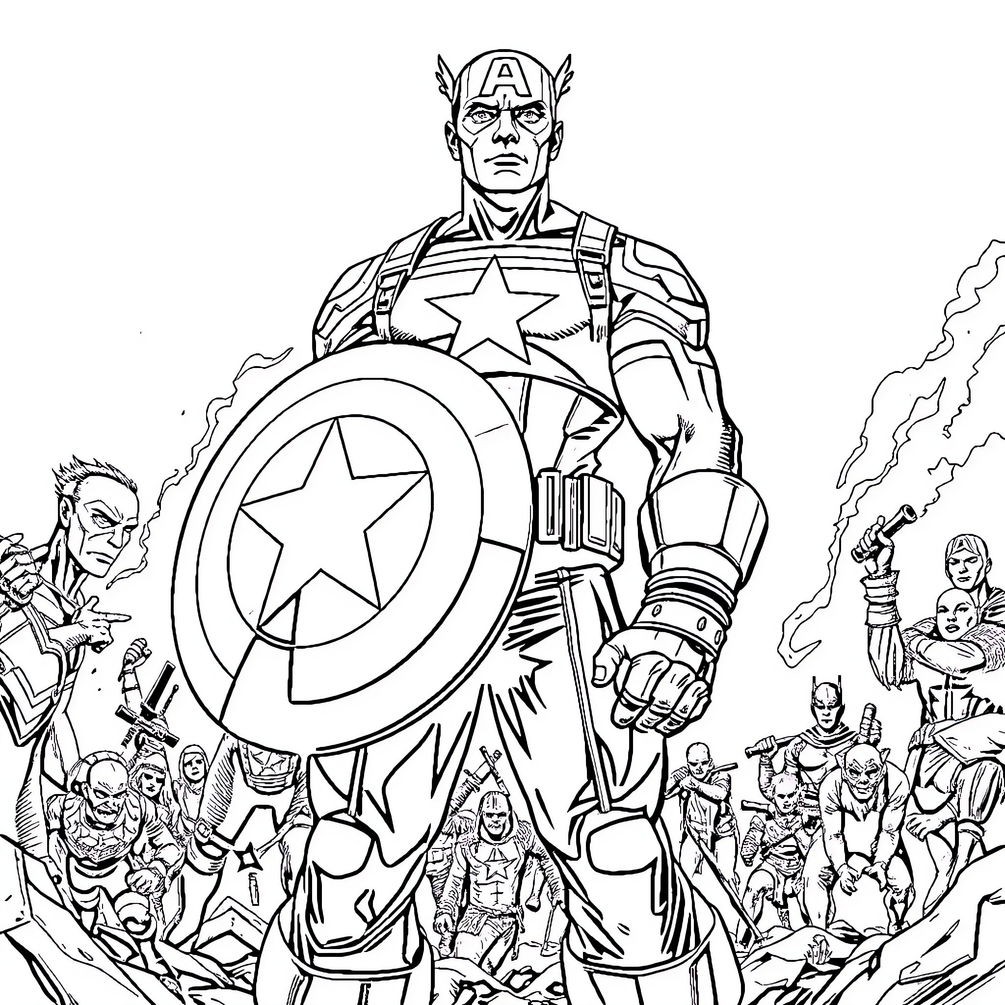 Captain America leading the Avengers team in battle Coloring Page (free black-and-white line drawing printable PDF for all, from beginners to advanced learners, including children, teens, adults, and seniors)