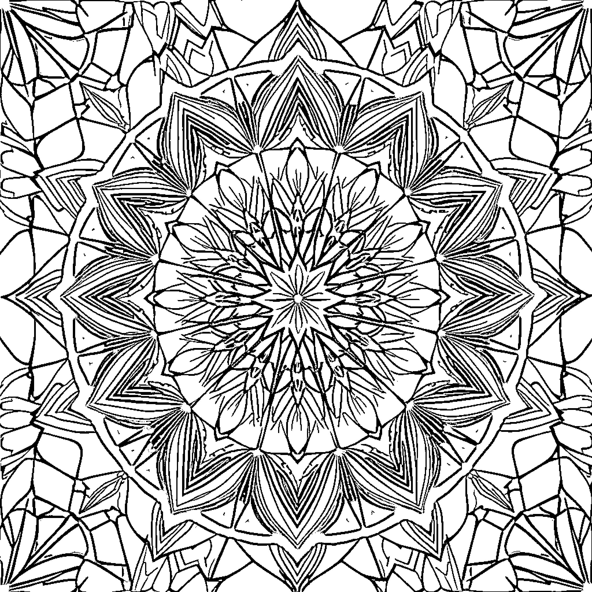 Geometric Pattern of Intricate Shapes and Designs Coloring Page (free black-and-white line drawing printable PDF for all, from beginners to advanced learners, including children, teens, adults, and seniors)
