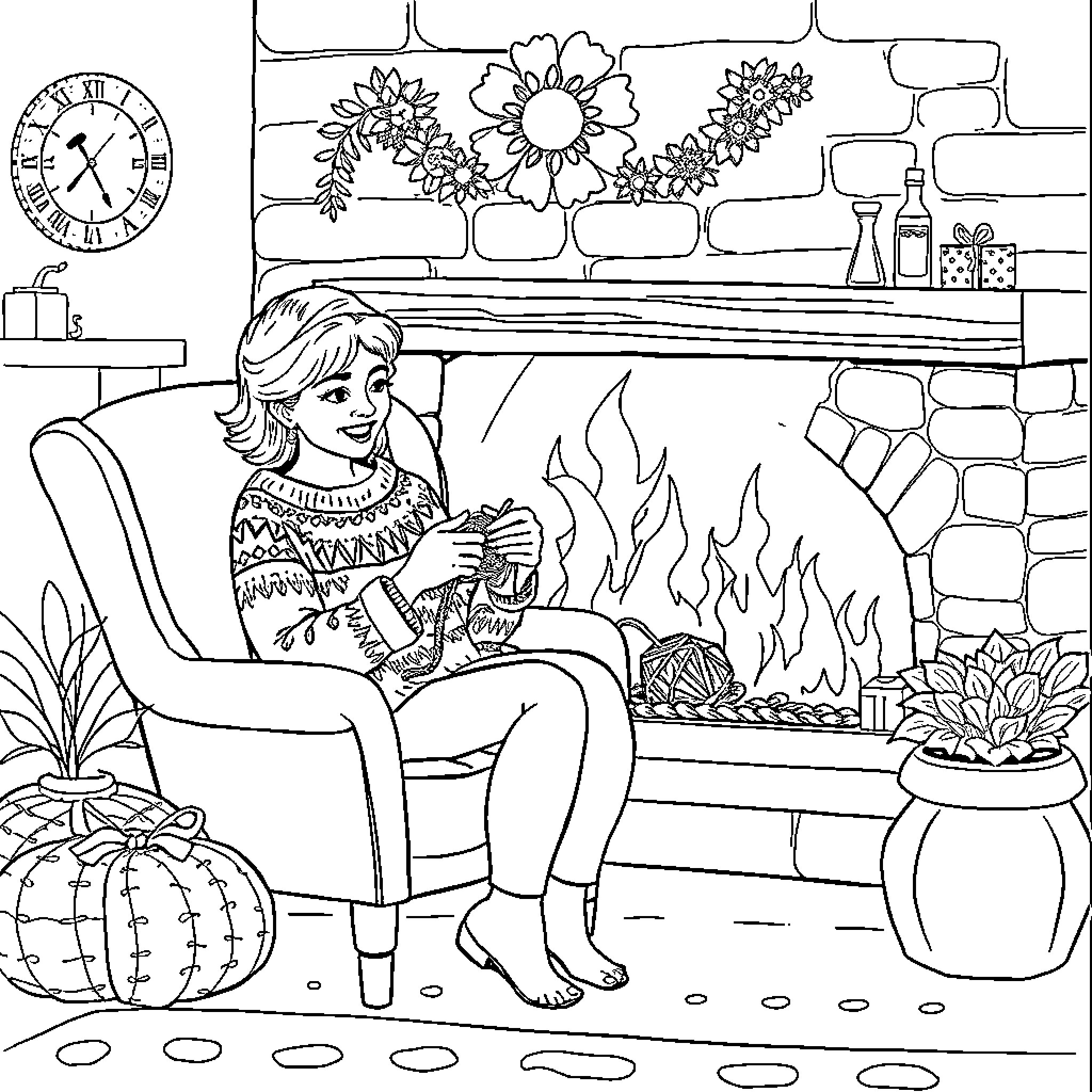 Lady enjoying cozy time by the fireplace Coloring Page (free black-and-white line drawing printable PDF for all, from beginners to advanced learners, including children, teens, adults, and seniors)