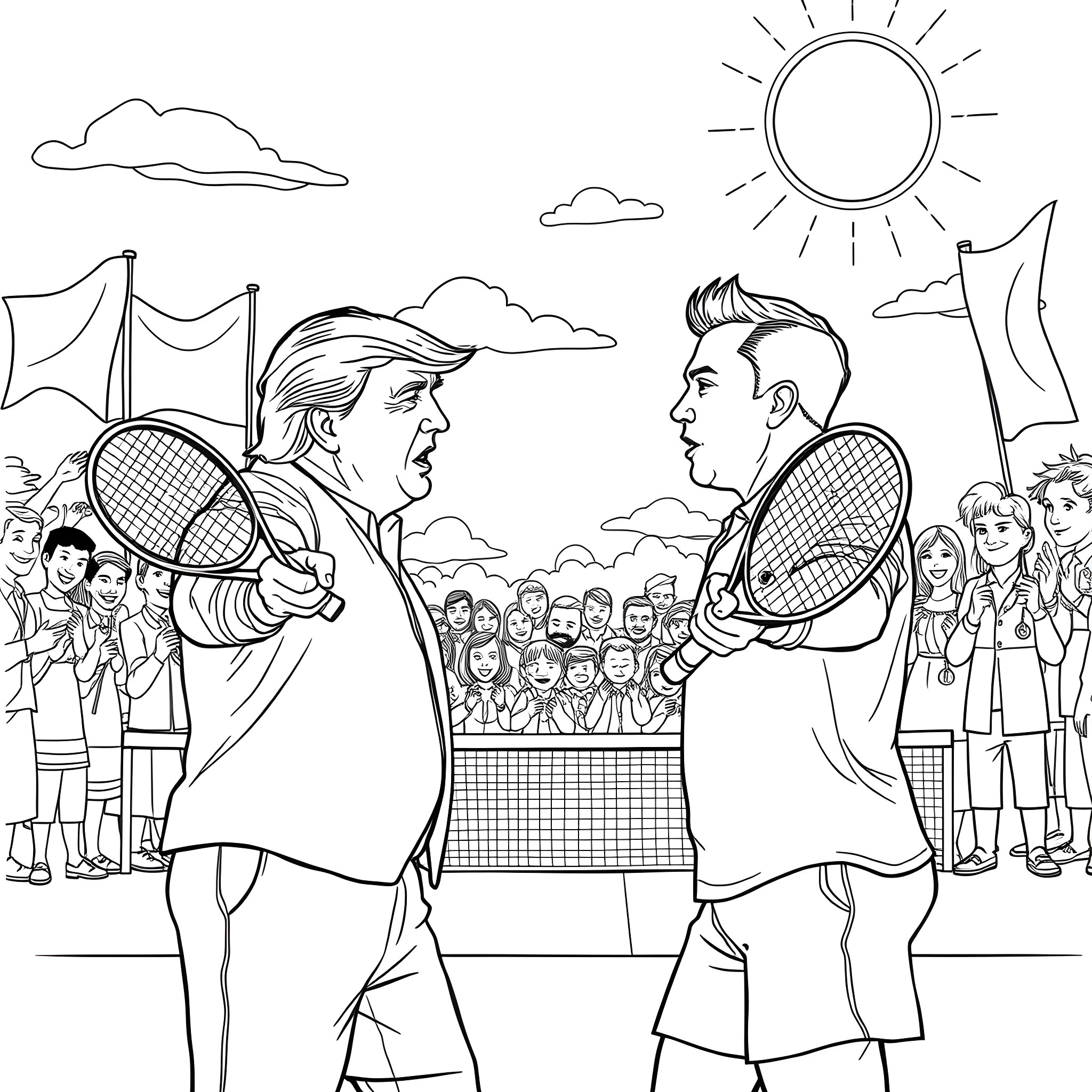 Trump facing off against opponent in tennis match Coloring Page (free black-and-white line drawing printable PDF for all, from beginners to advanced learners, including children, teens, adults, and seniors)