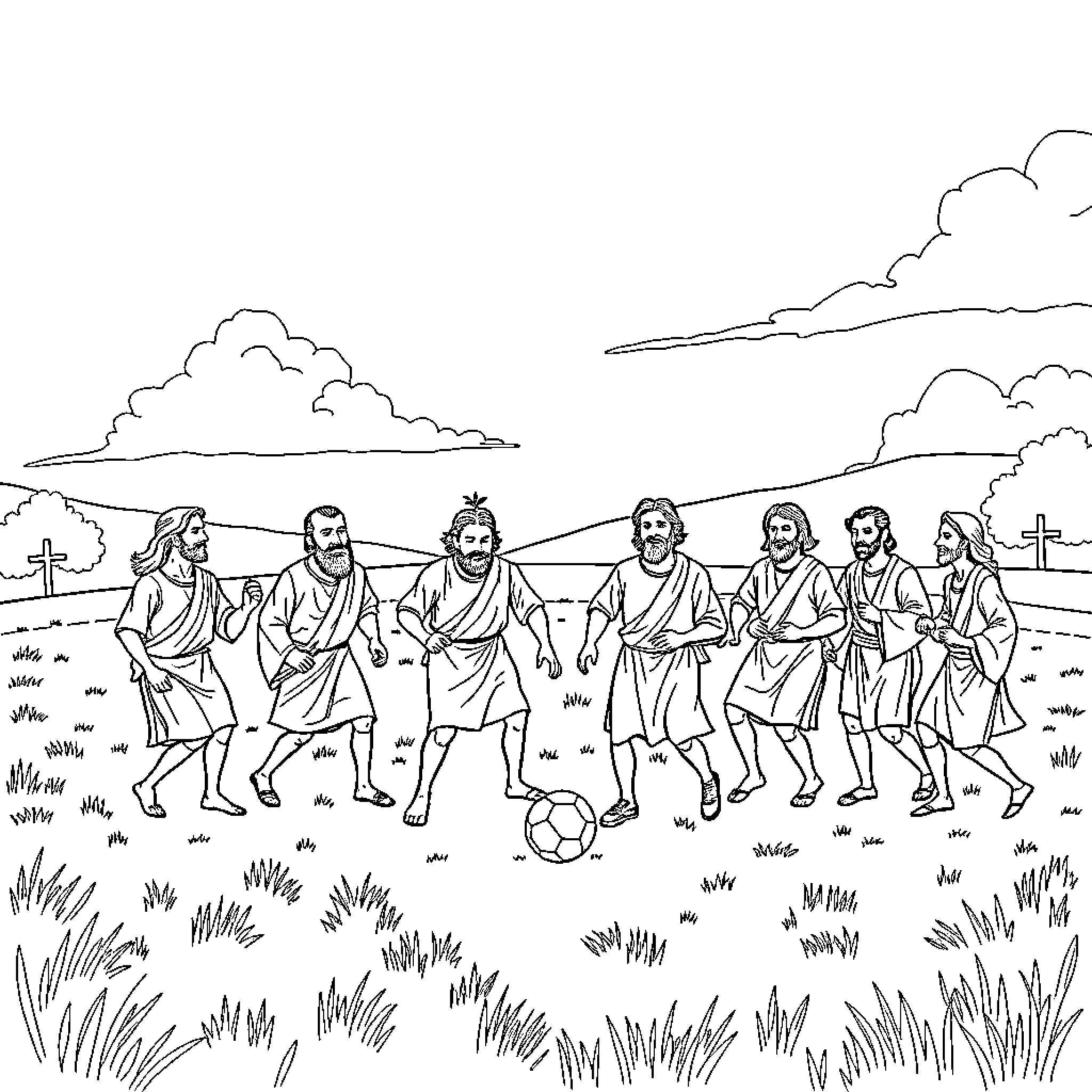 Apostles playing a sport in a countryside setting Coloring Page (free black-and-white line drawing printable PDF for all, from beginners to advanced learners, including children, teens, adults, and seniors)