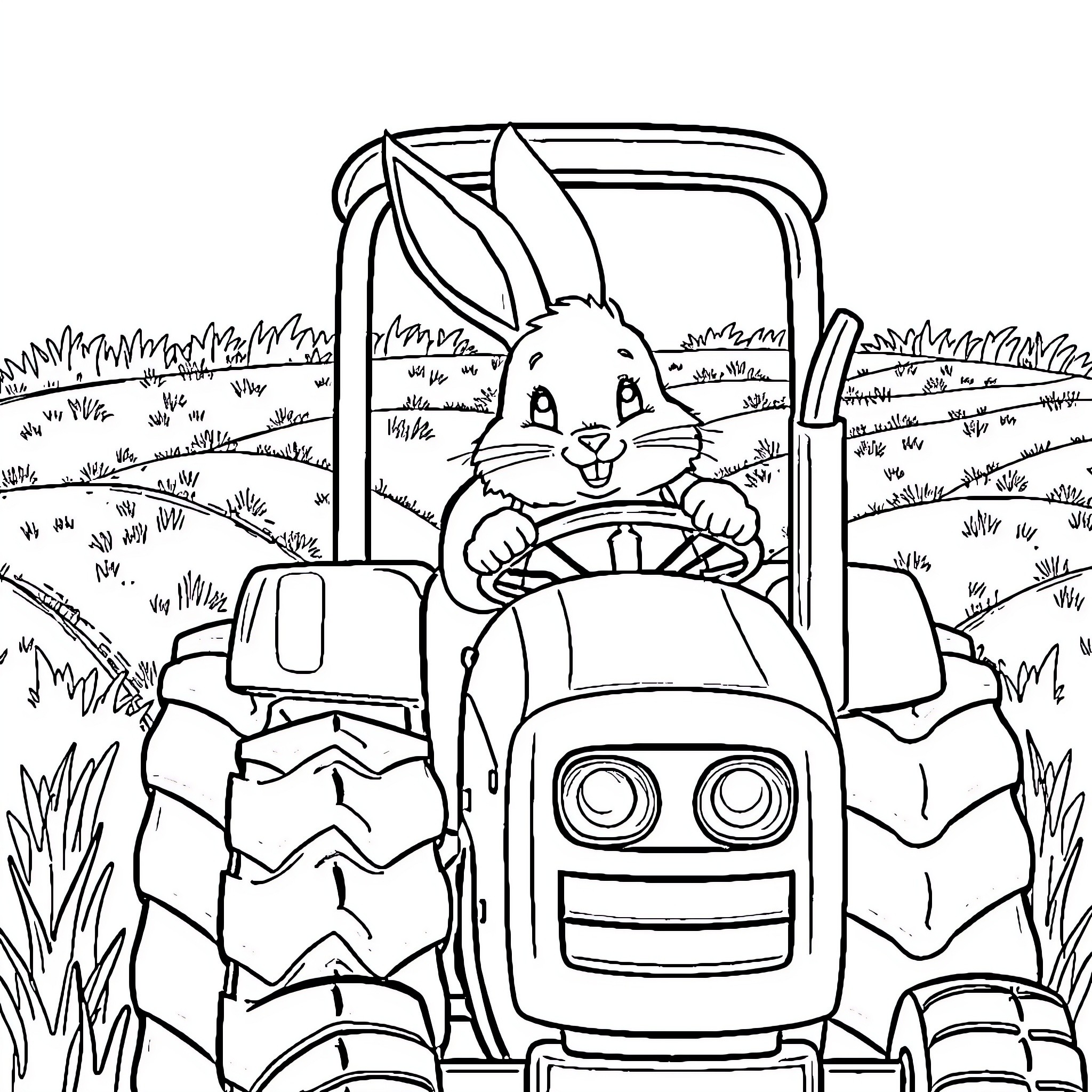 Bunny Driving Tractor on the Farm Coloring Page (free black-and-white line drawing printable PDF for all, from beginners to advanced learners, including children, teens, adults, and seniors)