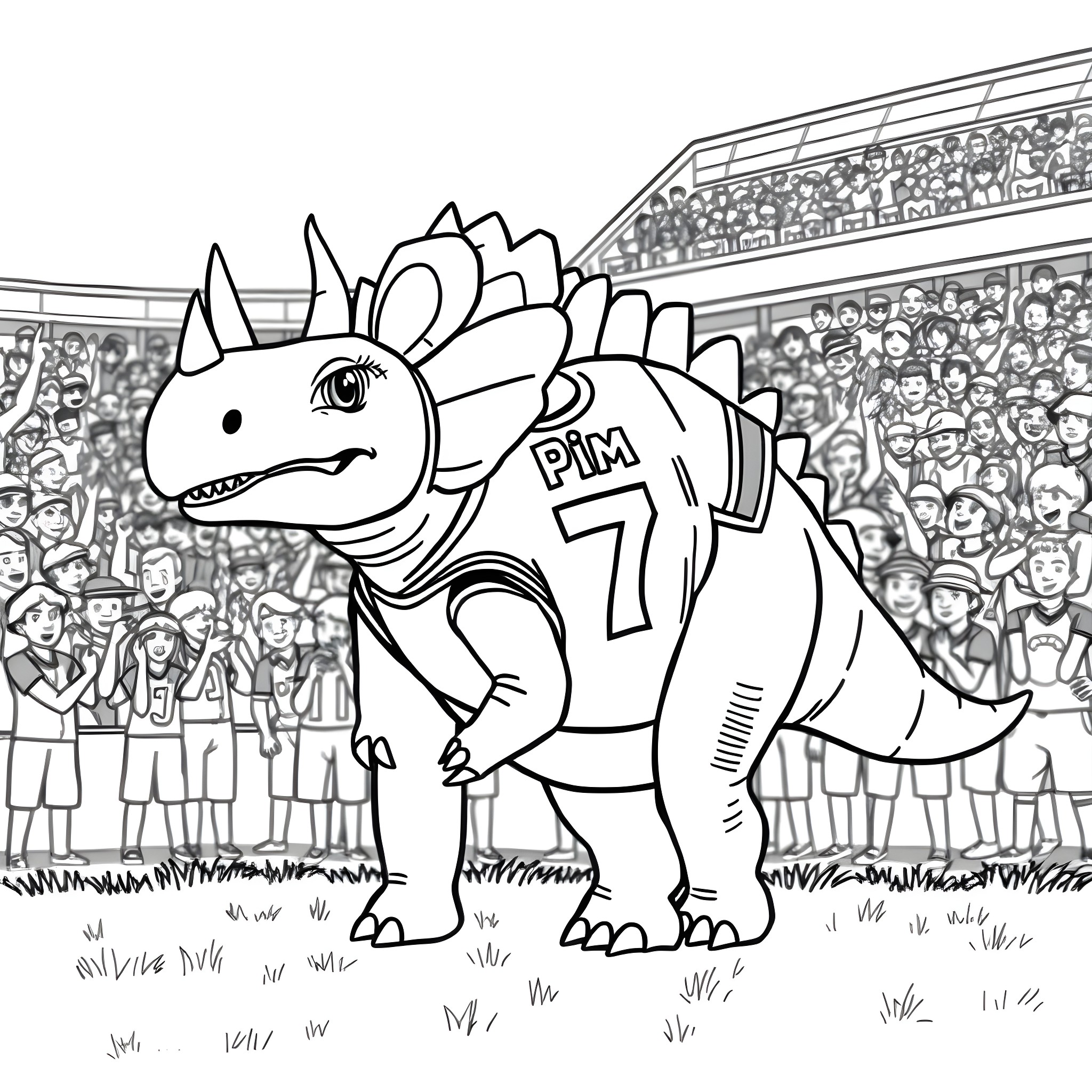 Triceratops playing sports with the crowd Coloring Page (free black-and-white line drawing printable PDF for all, from beginners to advanced learners, including children, teens, adults, and seniors)