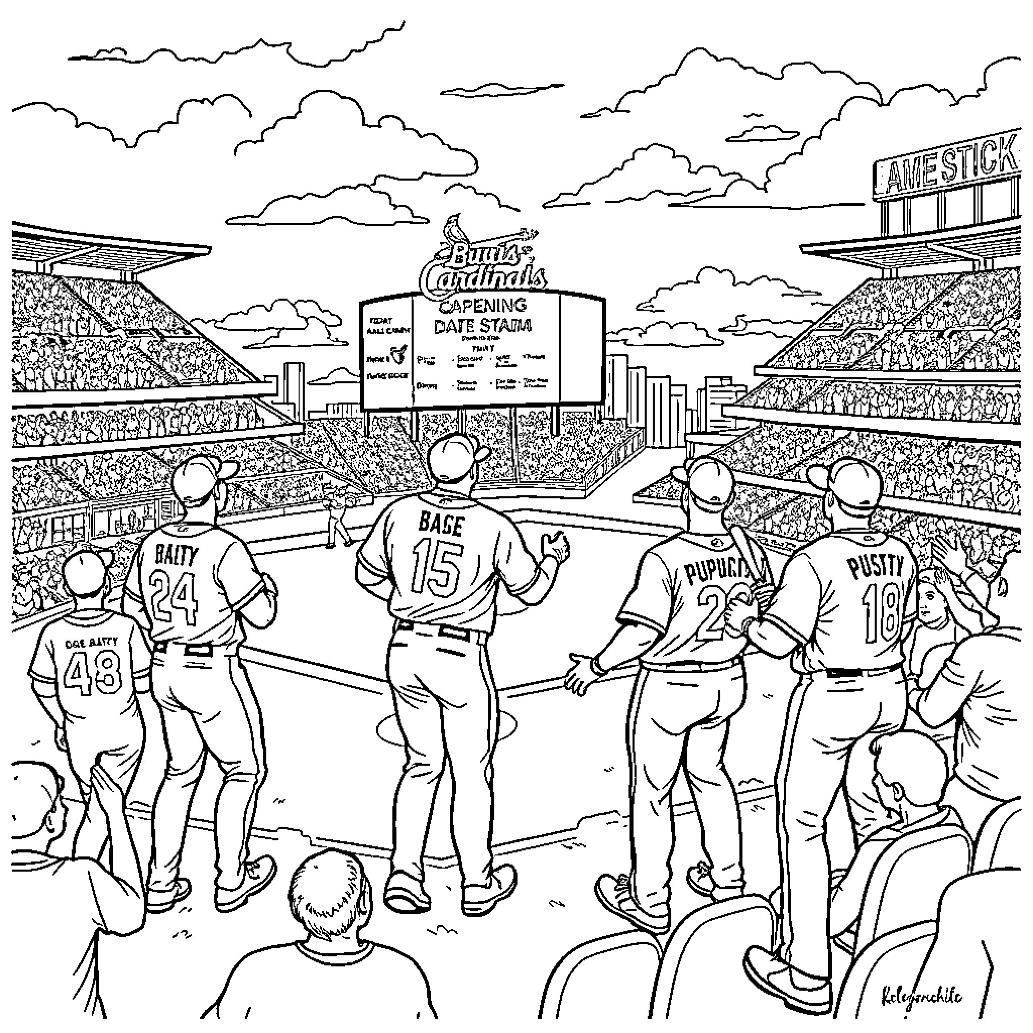 Cardinal Baseball Players in Lively Stadium Crowd Coloring Page (free black-and-white line drawing printable PDF for all, from beginners to advanced learners, including children, teens, adults, and seniors)