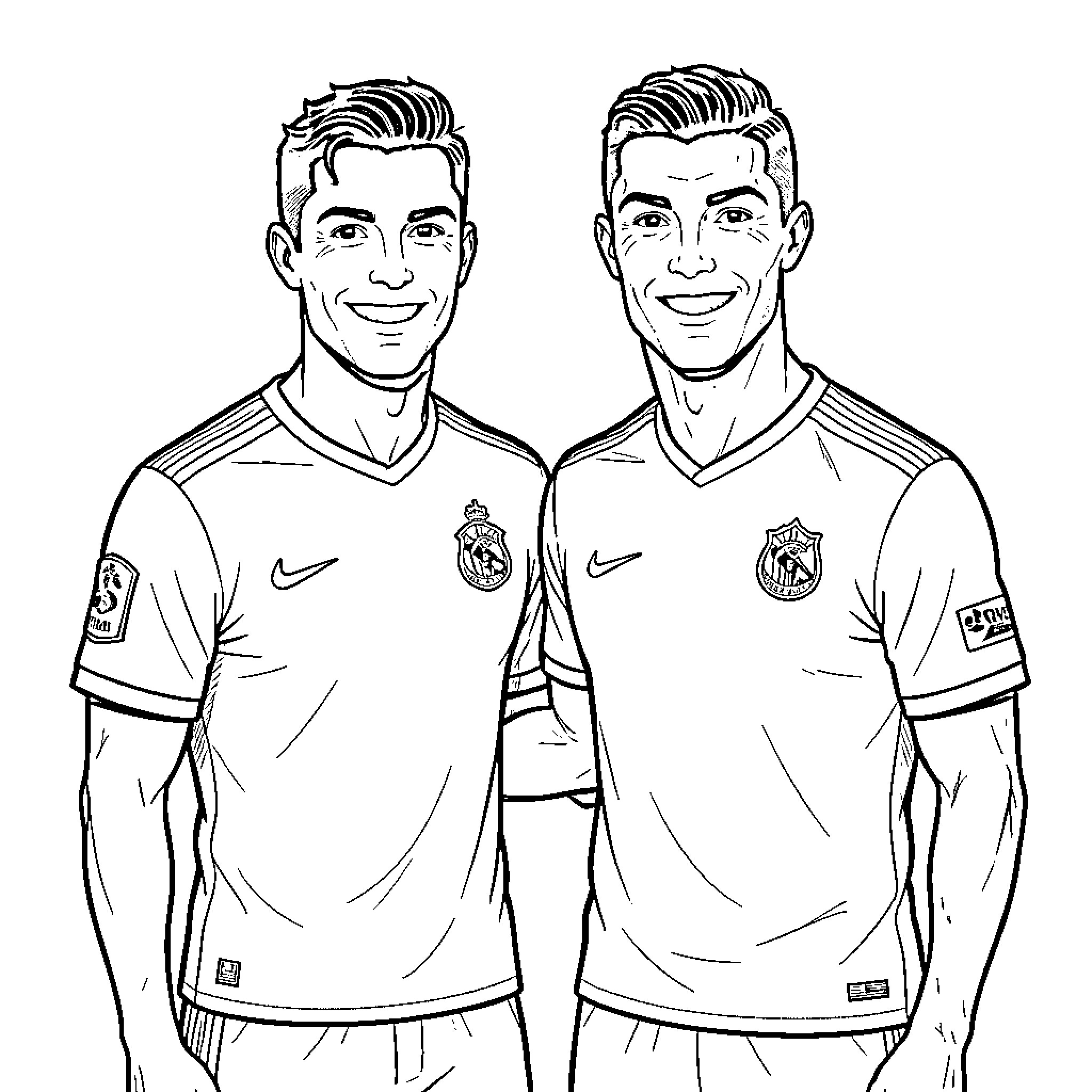 Cristiano Ronaldo smiling alongside a teammate in soccer jerseys Coloring Page (free black-and-white line drawing printable PDF for all, from beginners to advanced learners, including children, teens, adults, and seniors)