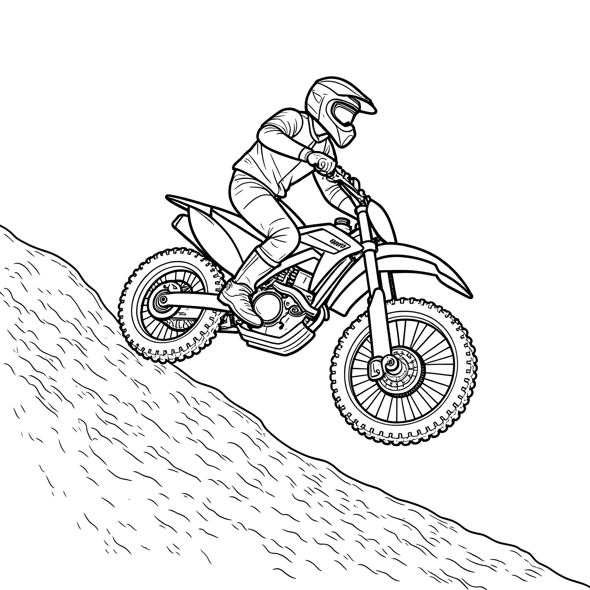 Motorcyclist riding off-road motorcycle on rocky terrain Coloring Page (free black-and-white line drawing printable PDF for all, from beginners to advanced learners, including children, teens, adults, and seniors)