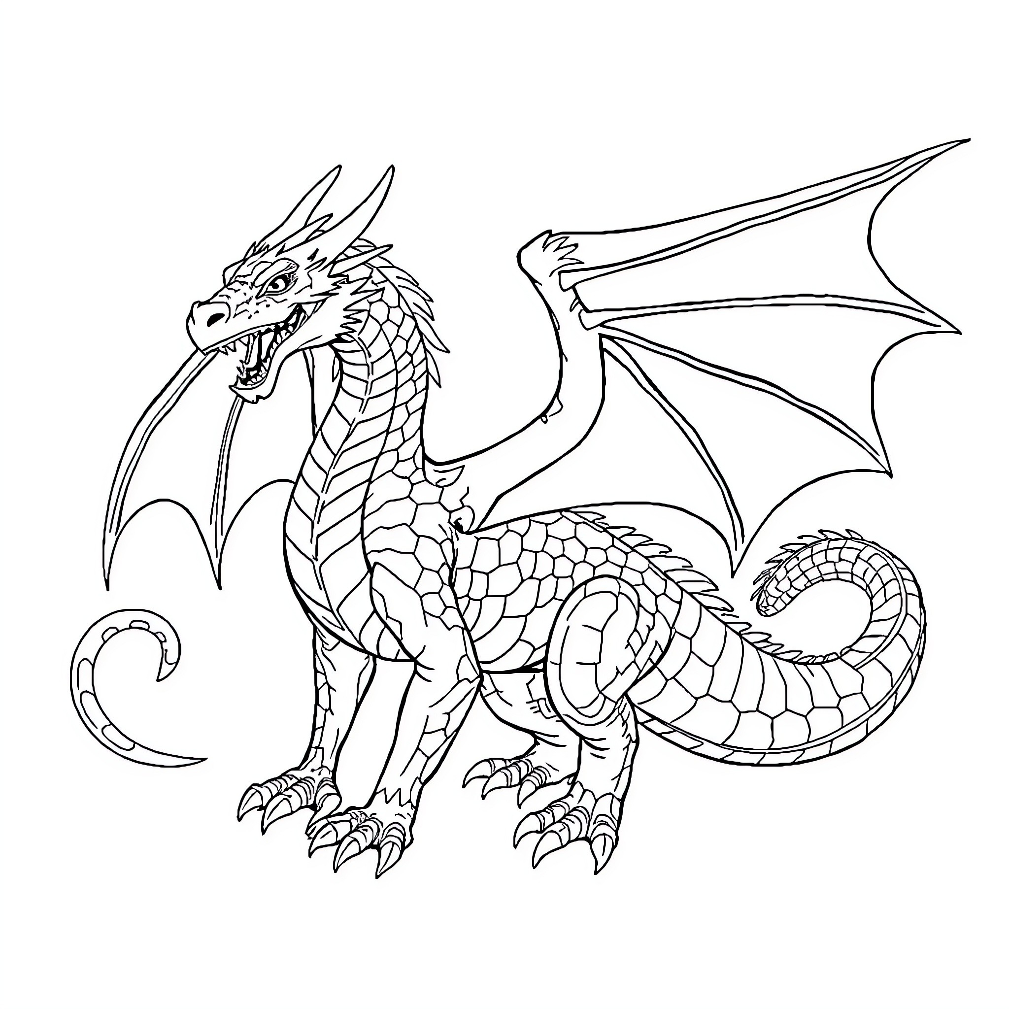 Dragon in flight with open wings Coloring Page (free black-and-white line drawing printable PDF for all, from beginners to advanced learners, including children, teens, adults, and seniors)