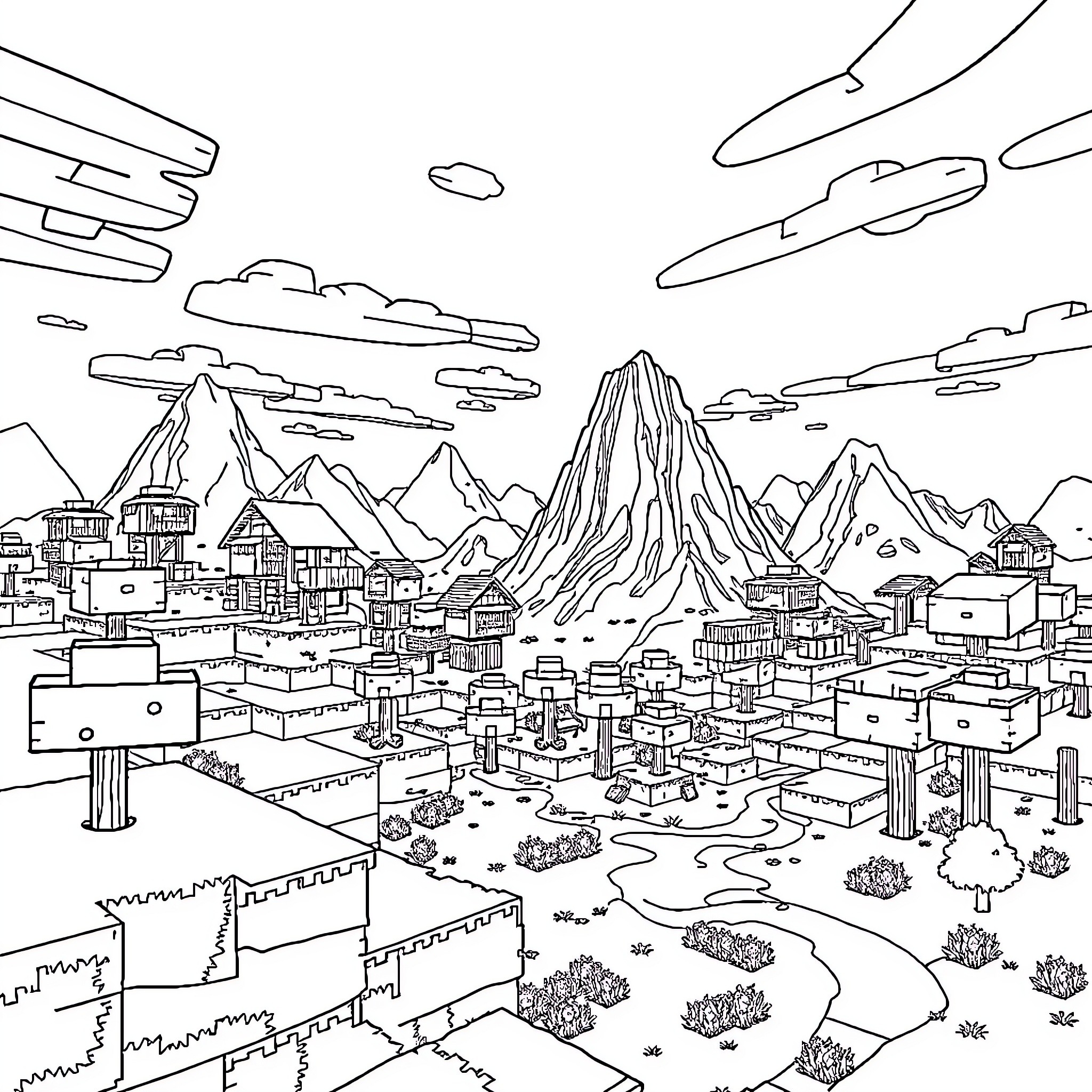 Minecraft Fantasy Landscape with Mountains and Structures Coloring Page (free black-and-white line drawing printable PDF for all, from beginners to advanced learners, including children, teens, adults, and seniors)