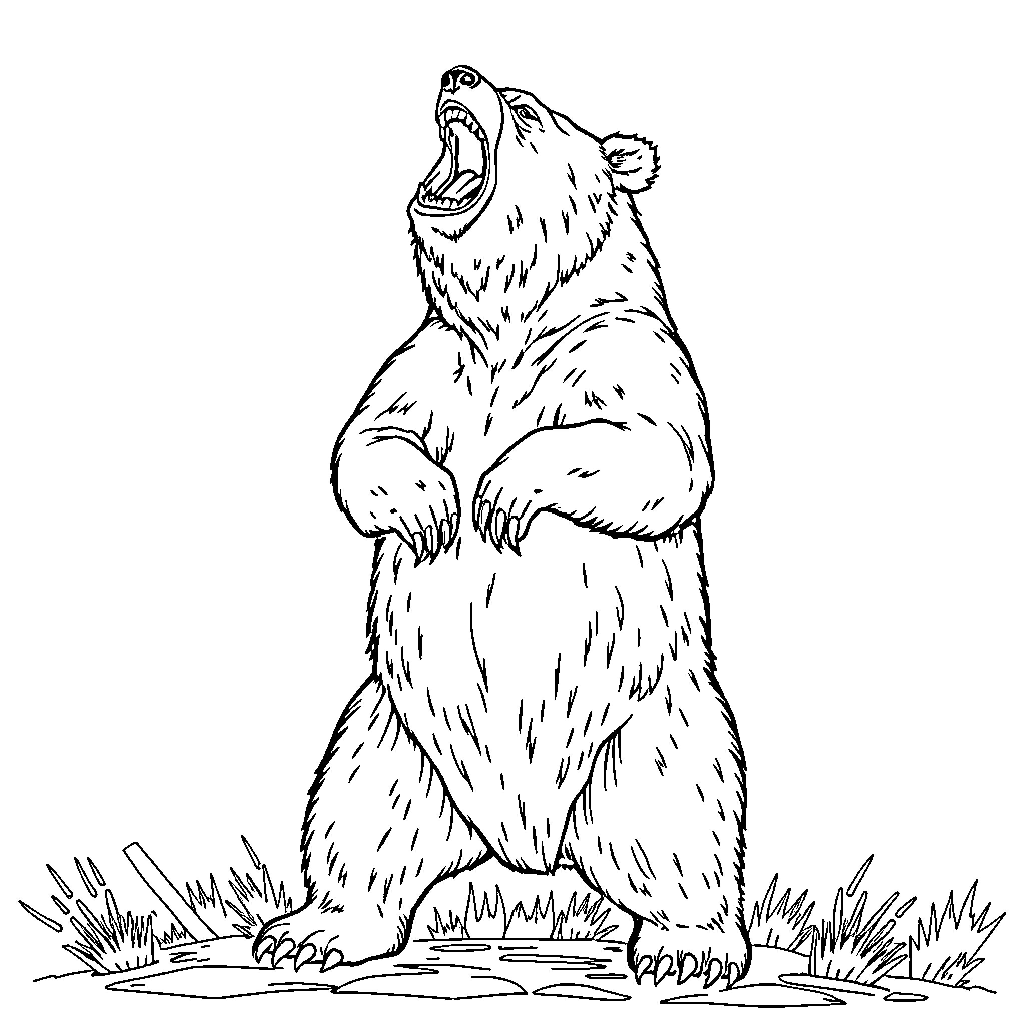 Bear roaring fiercely in the wilderness Coloring Page (free black-and-white line drawing printable PDF for all, from beginners to advanced learners, including children, teens, adults, and seniors)