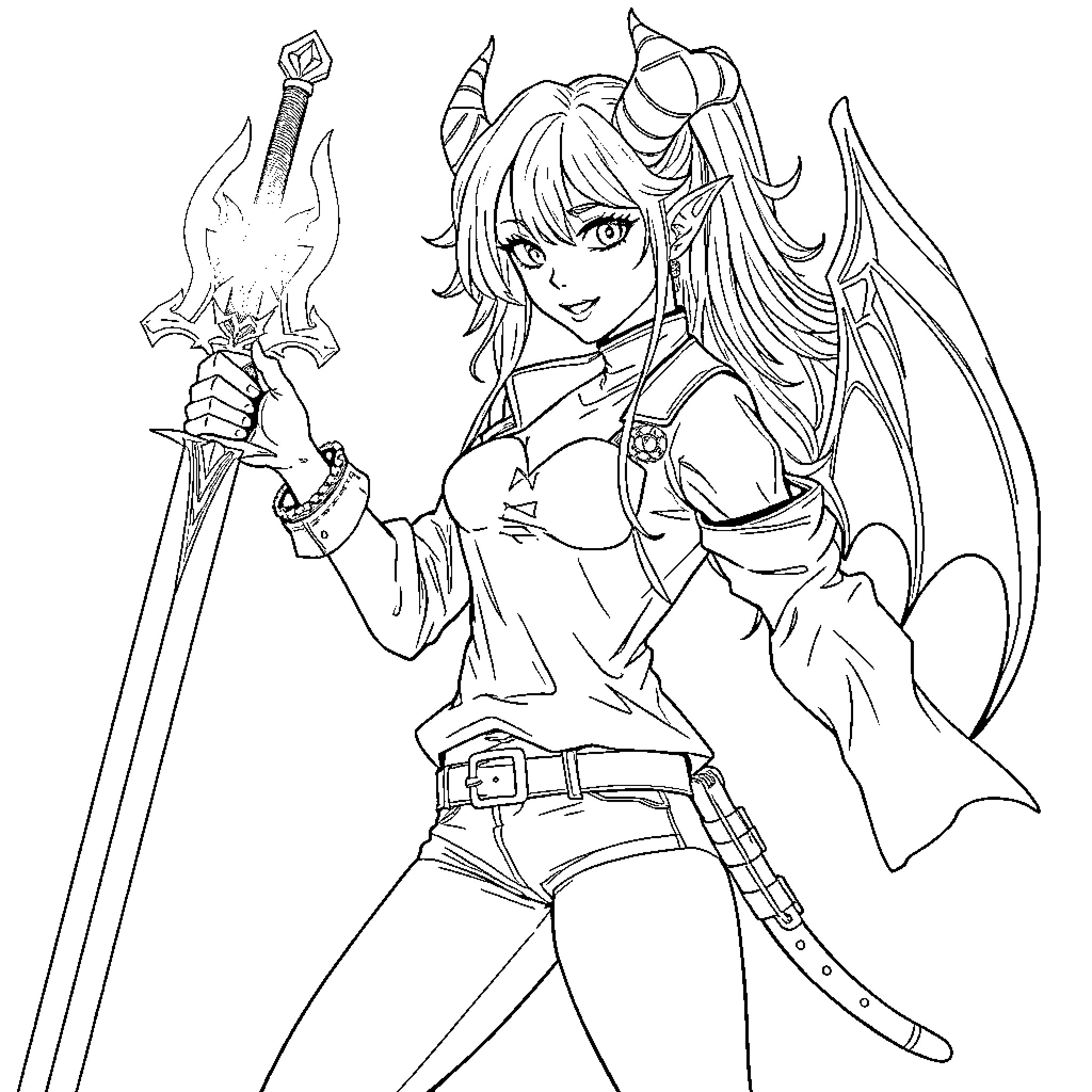 Brielle, the Winged Warrior with Sword Coloring Page (free black-and-white line drawing printable PDF for all, from beginners to advanced learners, including children, teens, adults, and seniors)
