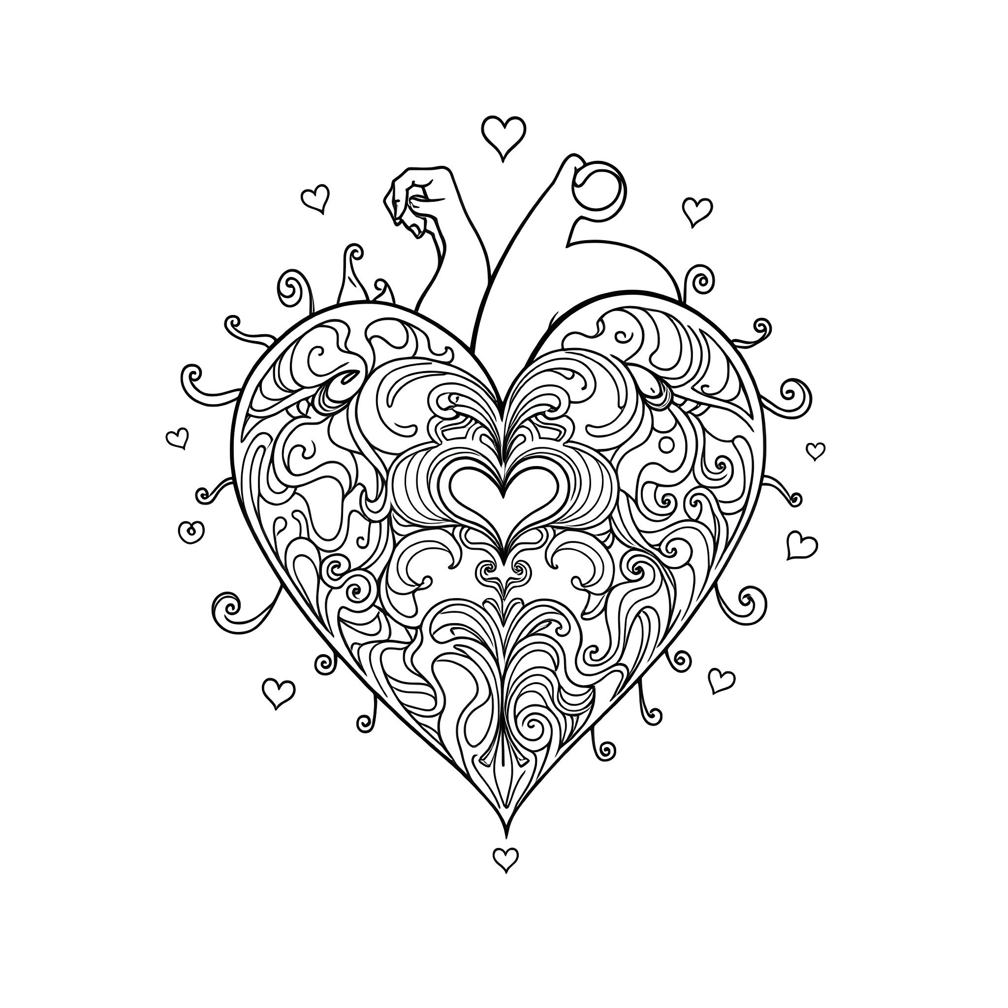 Heart-shaped ornamental design with floral elements Coloring Page (free black-and-white line drawing printable PDF for all, from beginners to advanced learners, including children, teens, adults, and seniors)