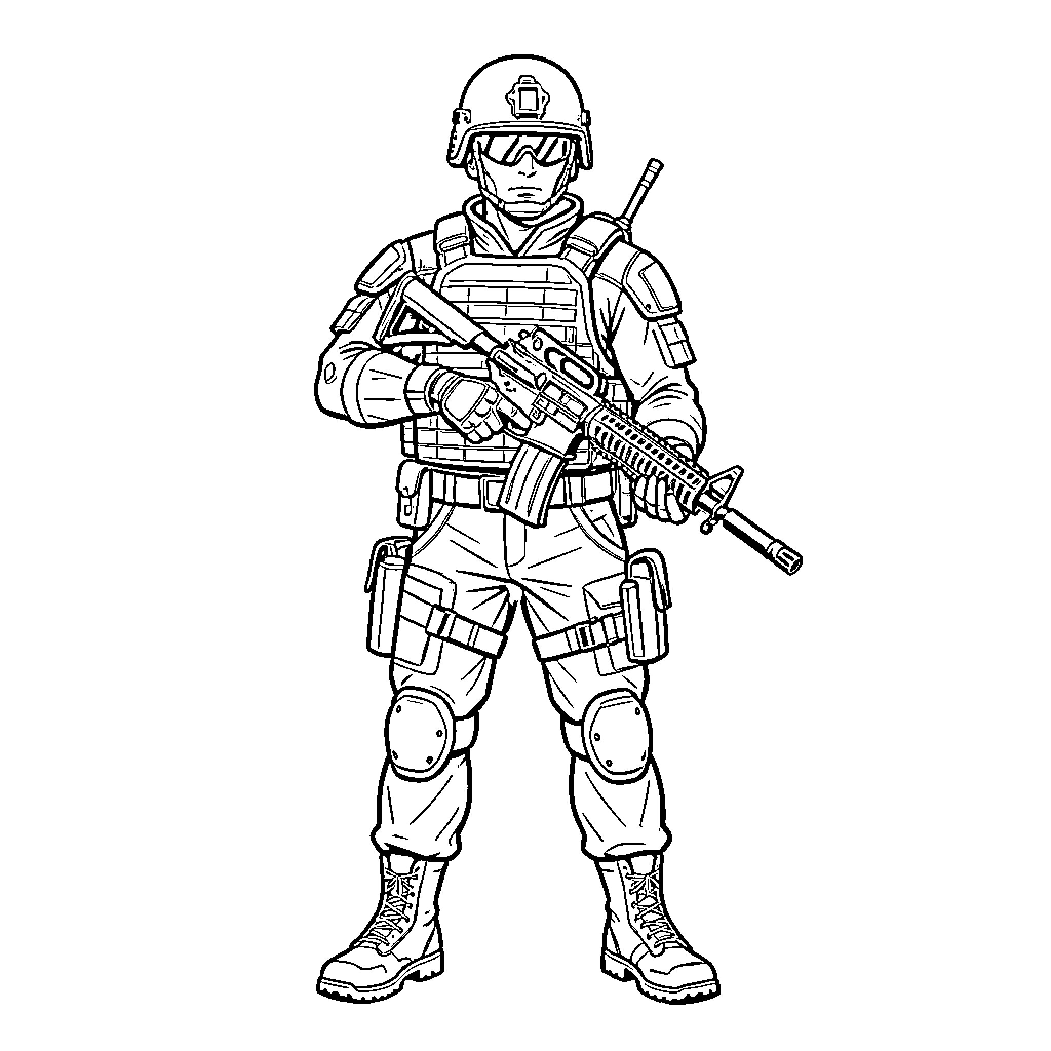 Konig standing in full tactical military combat gear Coloring Page (free black-and-white line drawing printable PDF for all, from beginners to advanced learners, including children, teens, adults, and seniors)