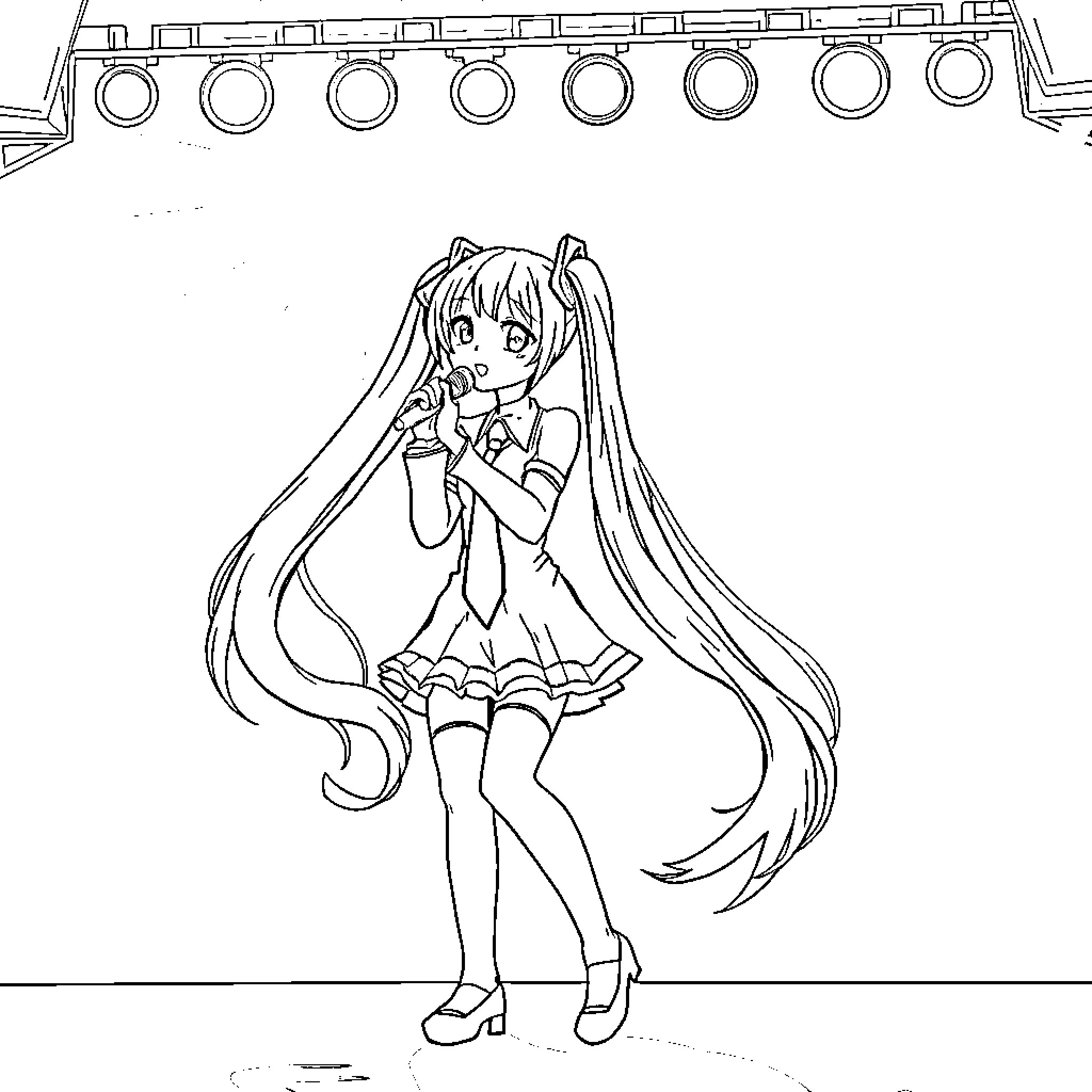 Hatsune Miku performing on stage Coloring Page (free black-and-white line drawing printable PDF for all, from beginners to advanced learners, including children, teens, adults, and seniors)
