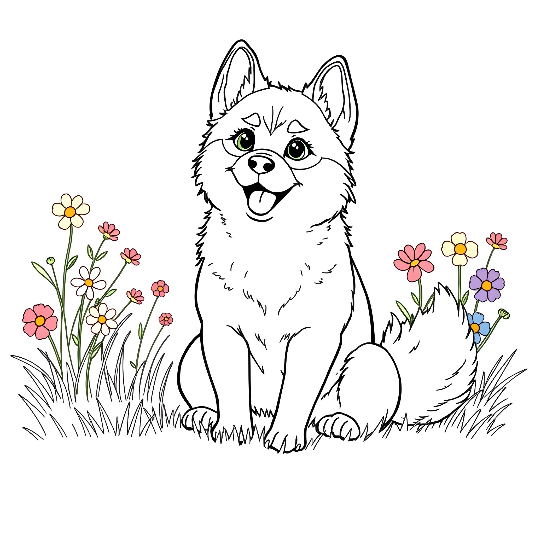 Shiba Inu sitting in a field of flowers Coloring Page (free black-and-white line drawing printable PDF for all, from beginners to advanced learners, including children, teens, adults, and seniors)