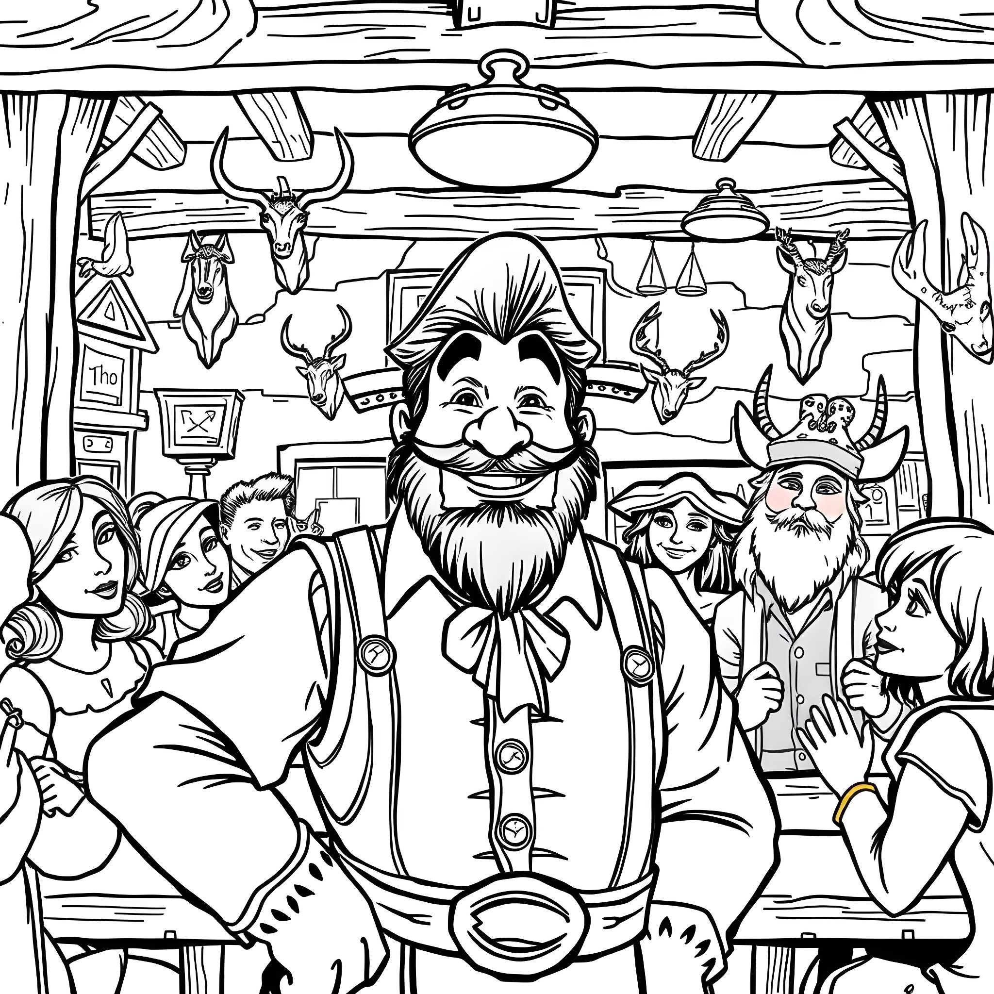 Gastón entertaining guests in his rustic cabin Coloring Page (free black-and-white line drawing printable PDF for all, from beginners to advanced learners, including children, teens, adults, and seniors)