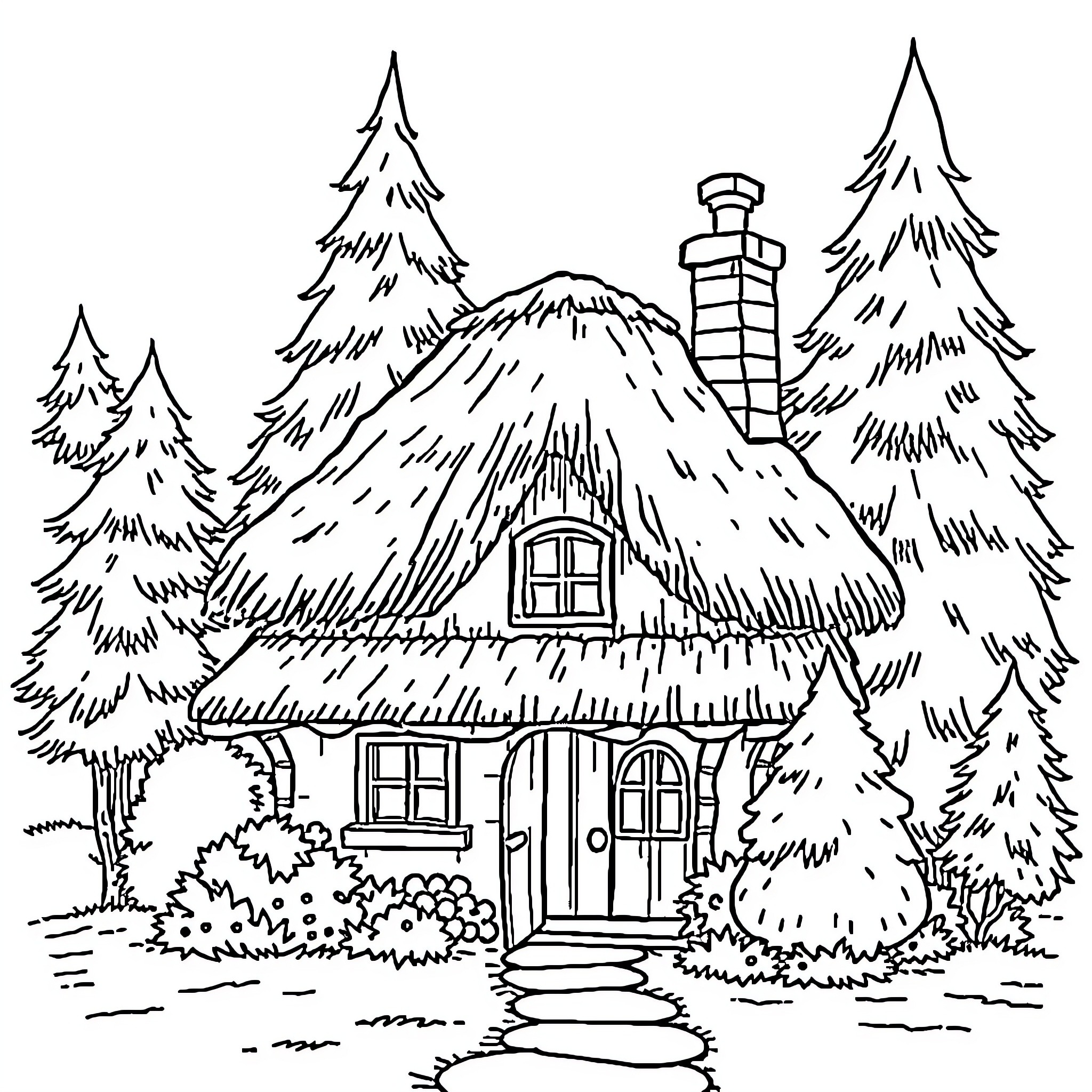 Cottage in the Snowy Woodland Coloring Page (free black-and-white line drawing printable PDF for all, from beginners to advanced learners, including children, teens, adults, and seniors)