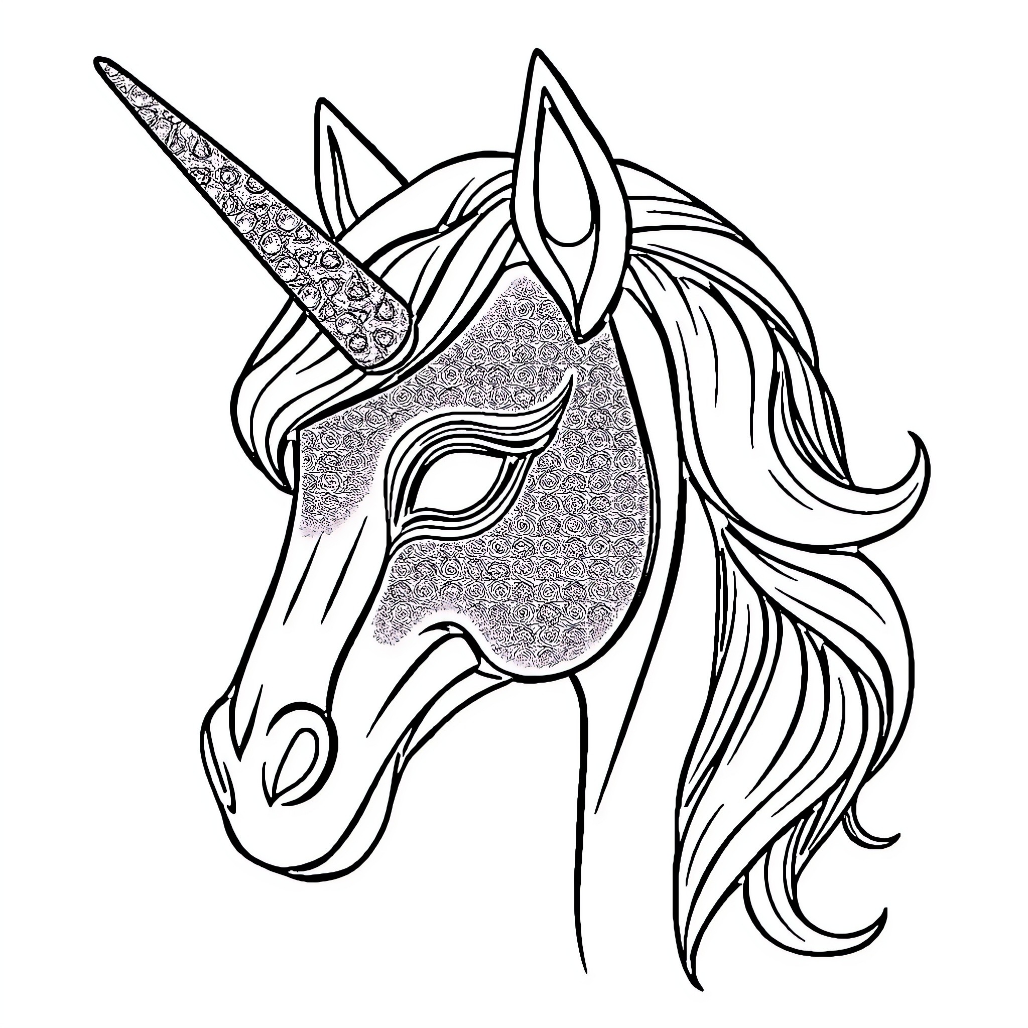 Unicorn Mask Adorned with Intricate Patterns Coloring Page (free black-and-white line drawing printable PDF for all, from beginners to advanced learners, including children, teens, adults, and seniors)