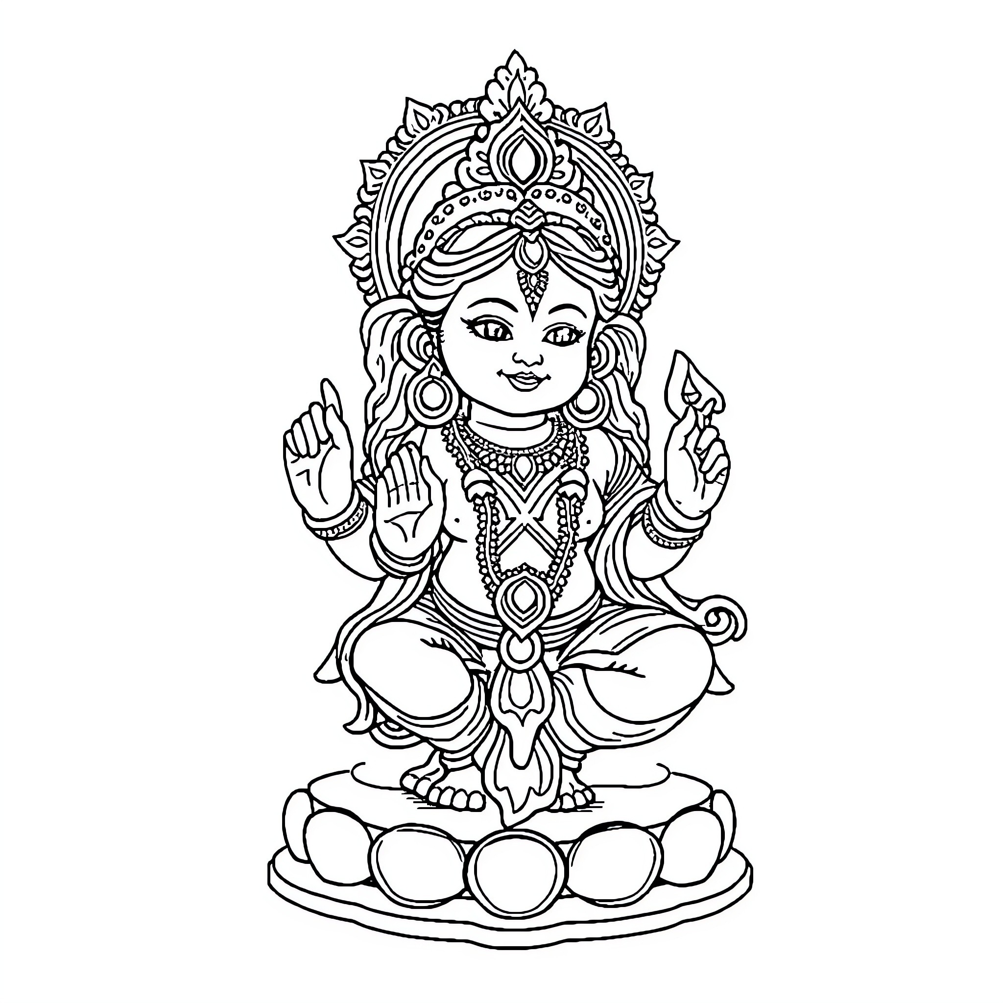 Durga, the Goddess of Power, in Meditative Pose Coloring Page (free black-and-white line drawing printable PDF for all, from beginners to advanced learners, including children, teens, adults, and seniors)