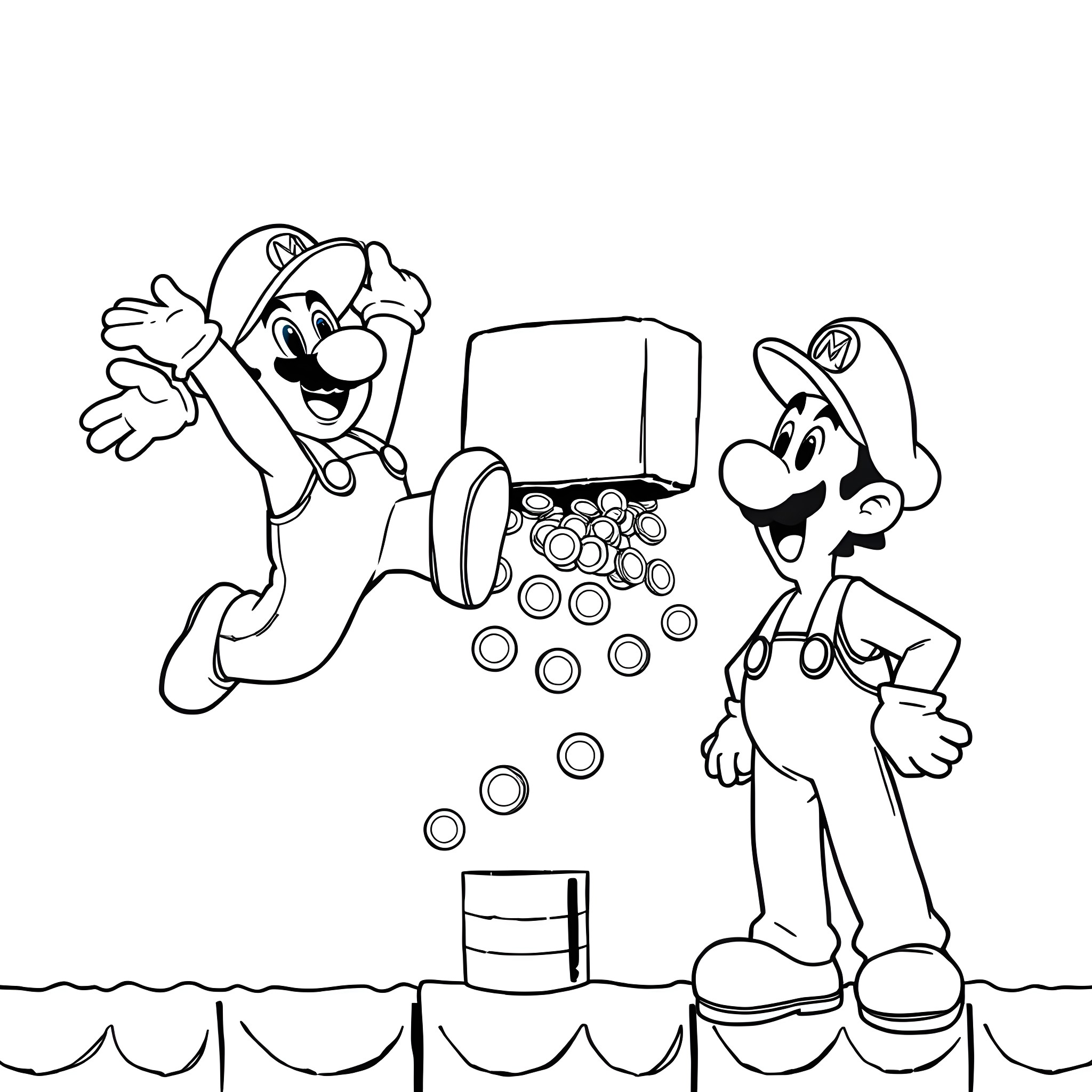 Super Mario Brothers Celebrating Victory Coloring Page (free black-and-white line drawing printable PDF for all, from beginners to advanced learners, including children, teens, adults, and seniors)