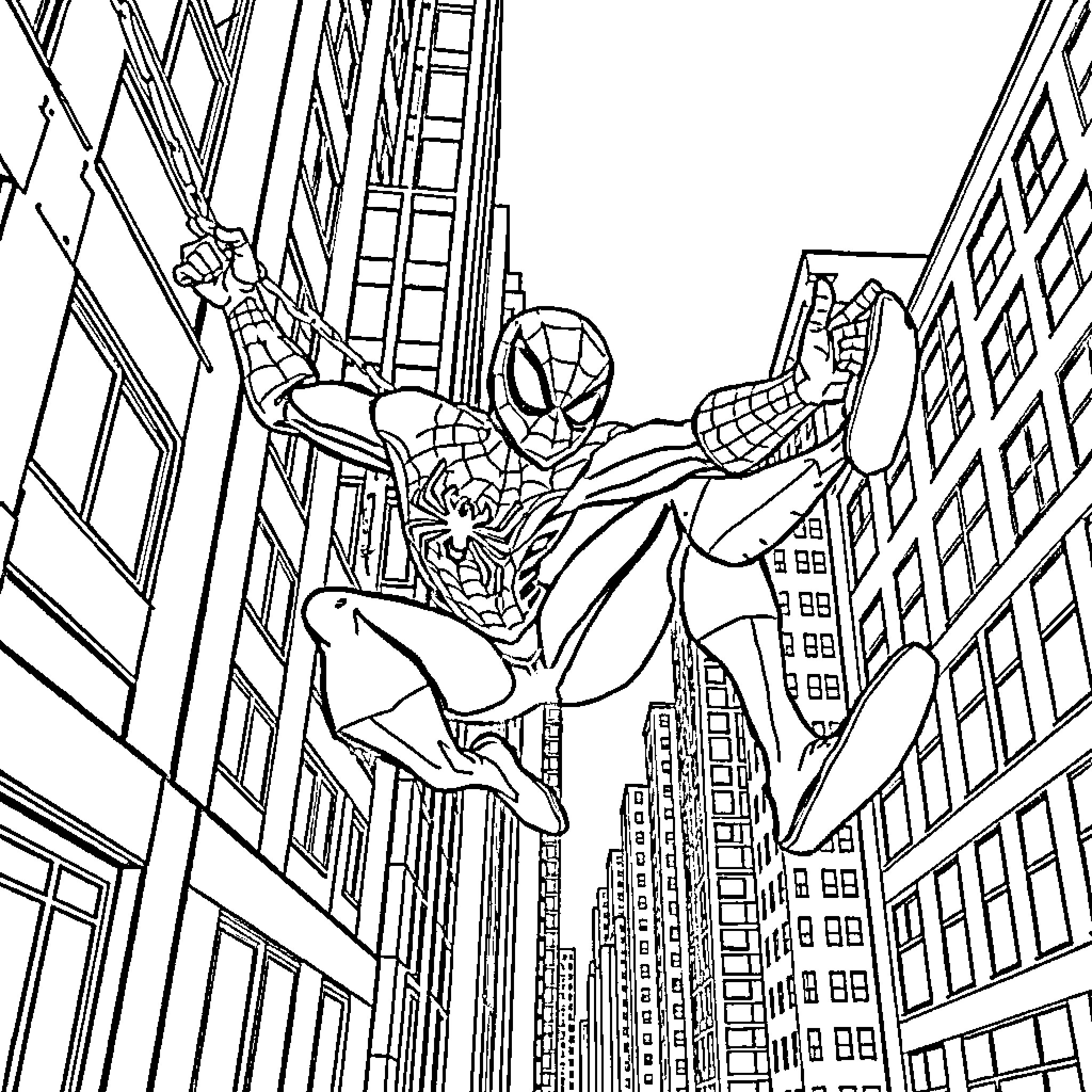 Spider-Man swinging through the city skyline Coloring Page (free black-and-white line drawing printable PDF for all, from beginners to advanced learners, including children, teens, adults, and seniors)