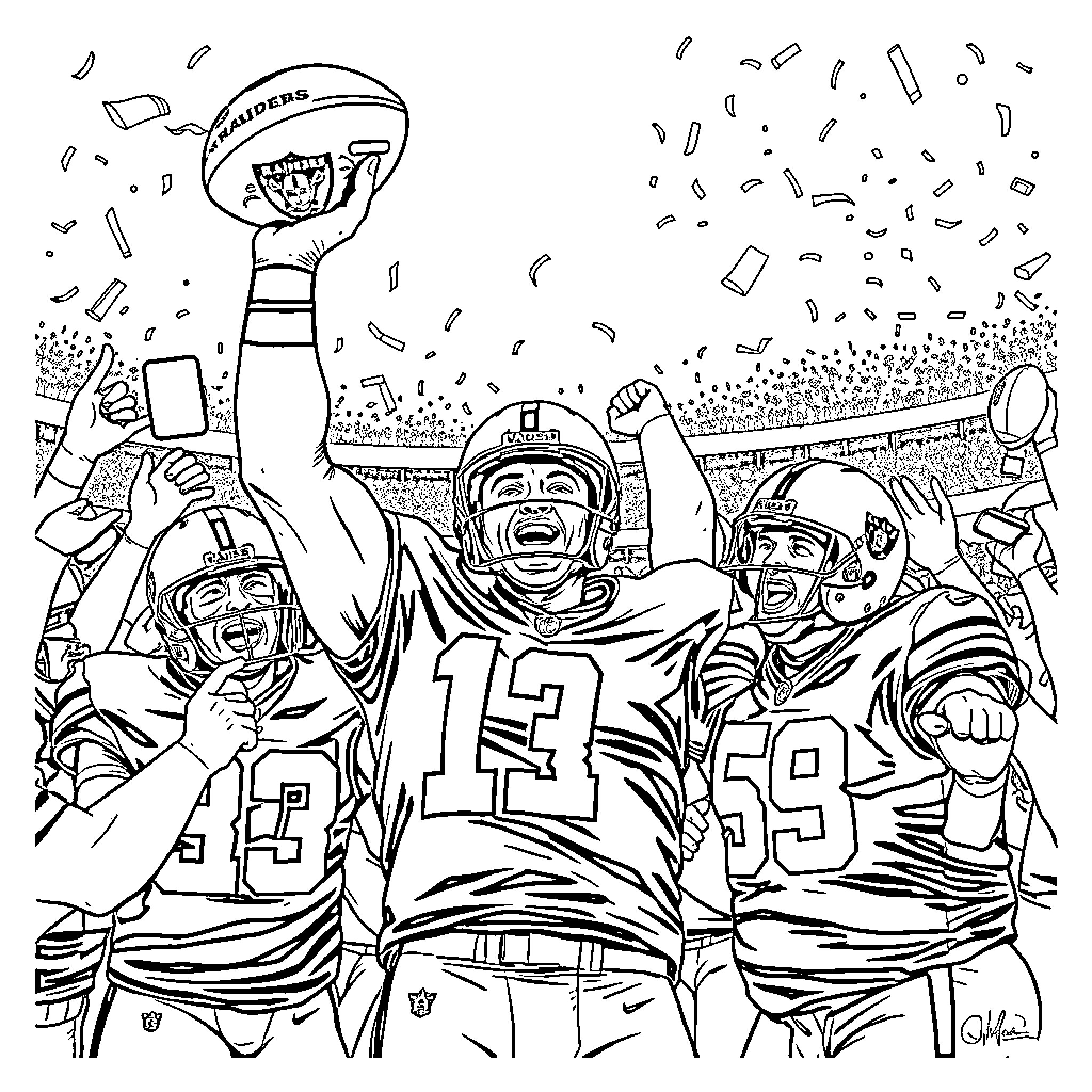 Raider Teammates Celebrate Football Victory Coloring Page (free black-and-white line drawing printable PDF for all, from beginners to advanced learners, including children, teens, adults, and seniors)
