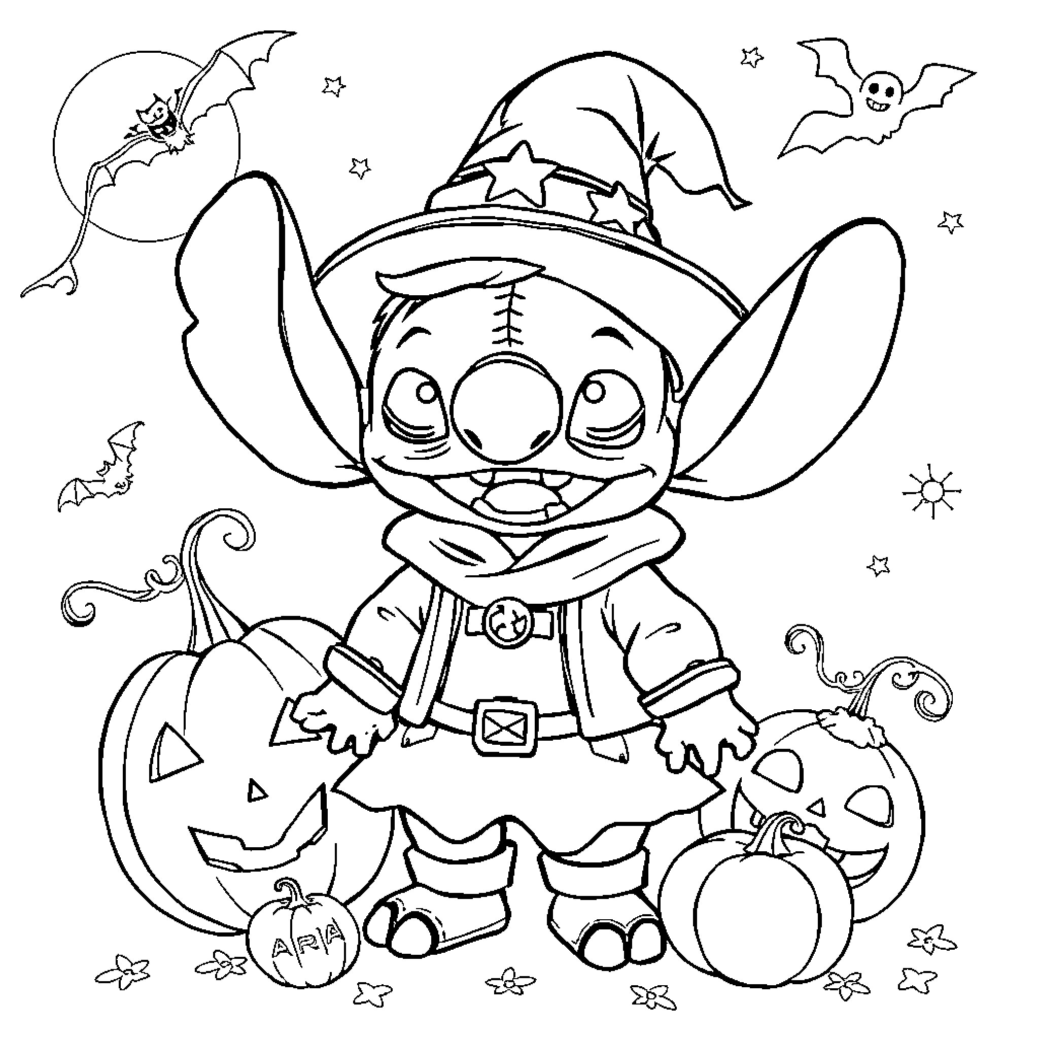 Stitch in Halloween Costume Surrounded by Pumpkins and Bats Coloring Page (free black-and-white line drawing printable PDF for all, from beginners to advanced learners, including children, teens, adults, and seniors)