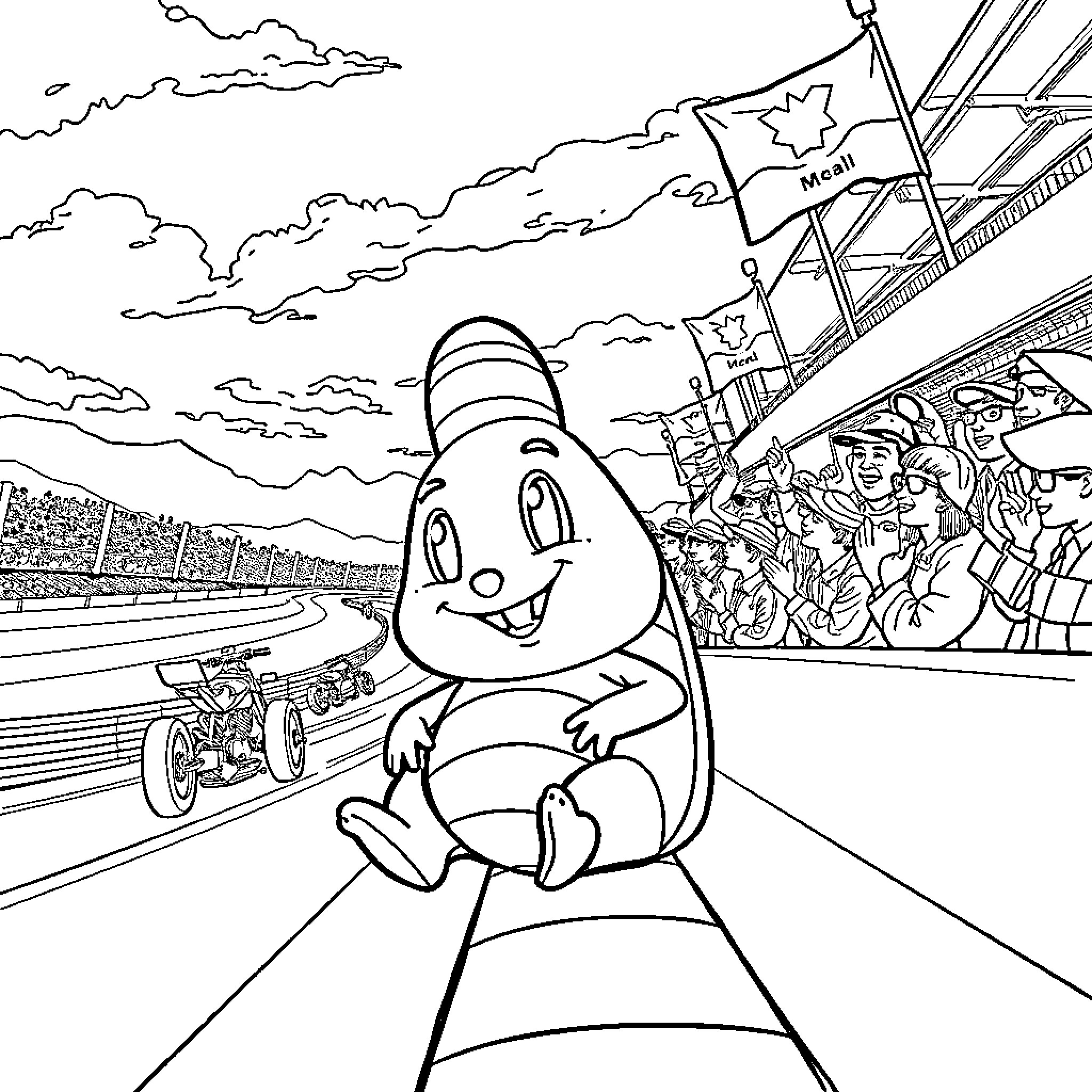 Cinnamonroll at the racing track with fans Coloring Page (free black-and-white line drawing printable PDF for all, from beginners to advanced learners, including children, teens, adults, and seniors)