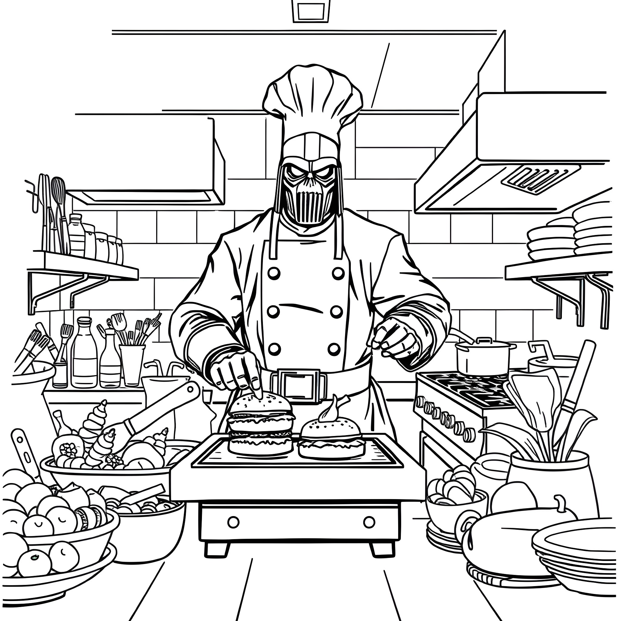 MF DOOM as a Culinary Master in the Kitchen Coloring Page (free black-and-white line drawing printable PDF for all, from beginners to advanced learners, including children, teens, adults, and seniors)