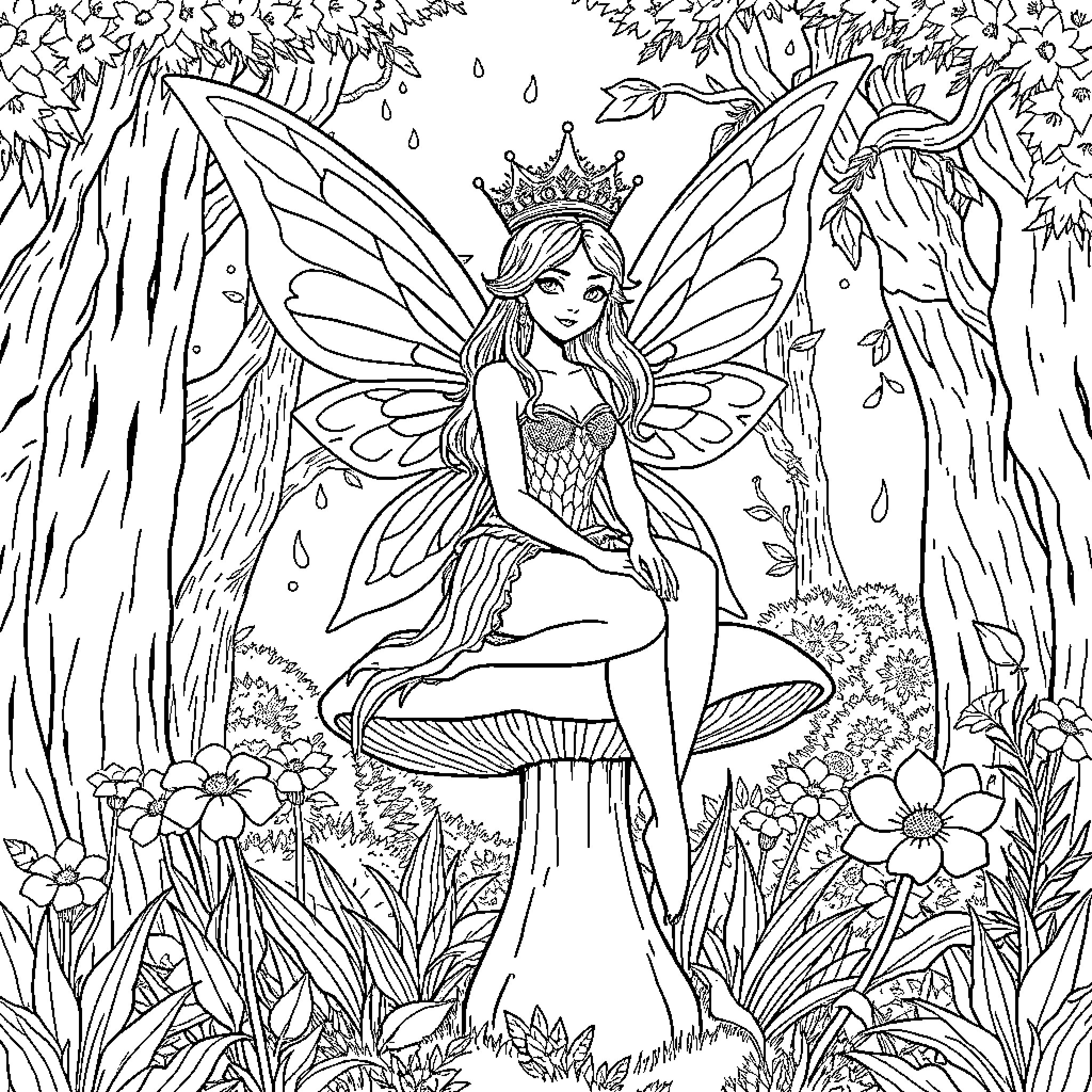 Fairy Queen amidst the enchanted forest Coloring Page (free black-and-white line drawing printable PDF for all, from beginners to advanced learners, including children, teens, adults, and seniors)