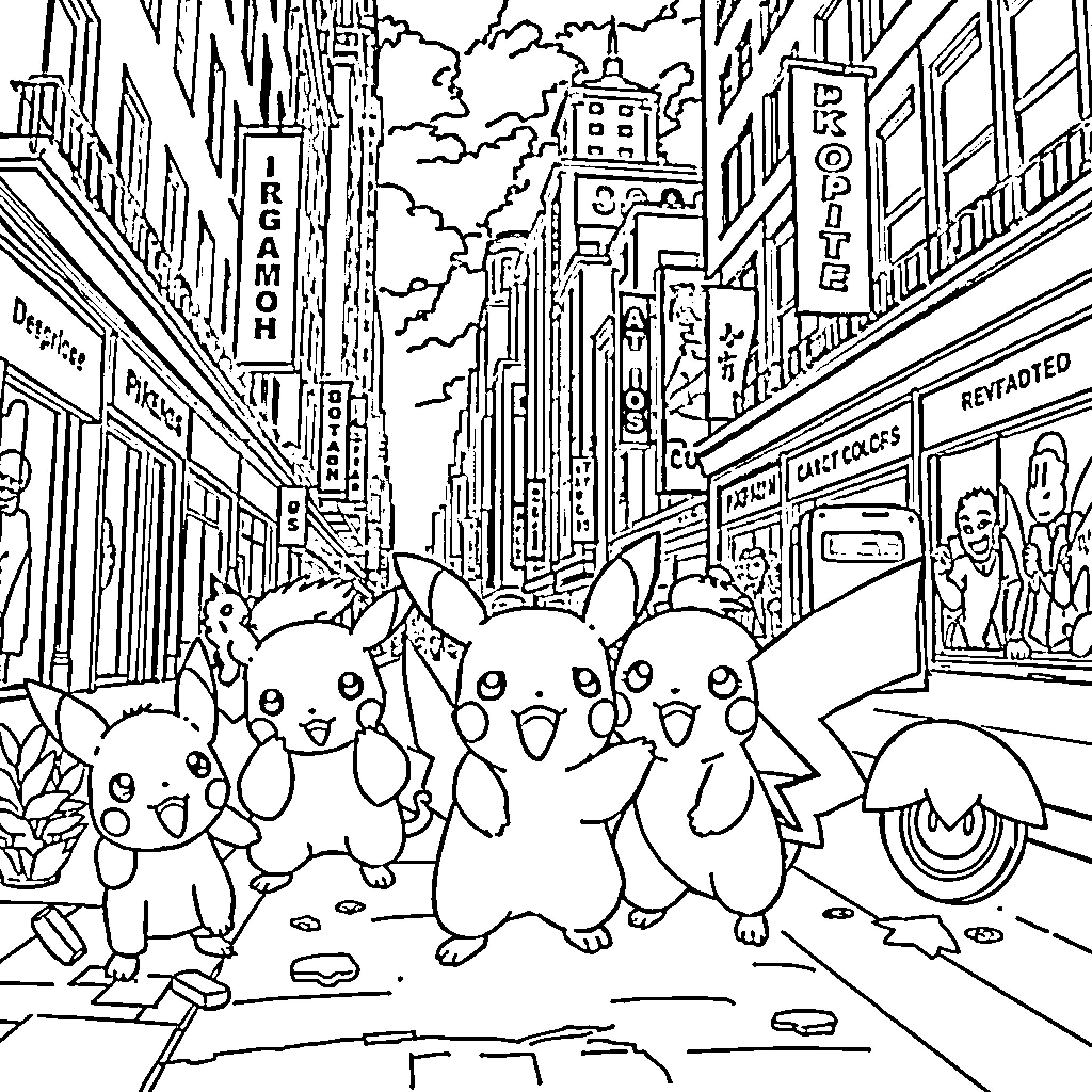 Pokémon characters exploring the city streets Coloring Page (free black-and-white line drawing printable PDF for all, from beginners to advanced learners, including children, teens, adults, and seniors)