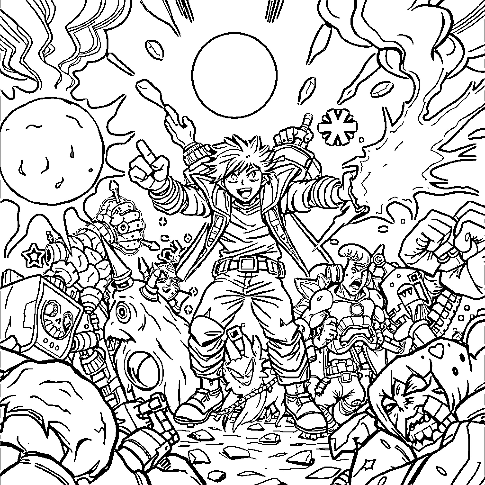 Image of a character surrounded by fantastical elements Coloring Page (free black-and-white line drawing printable PDF for all, from beginners to advanced learners, including children, teens, adults, and seniors)