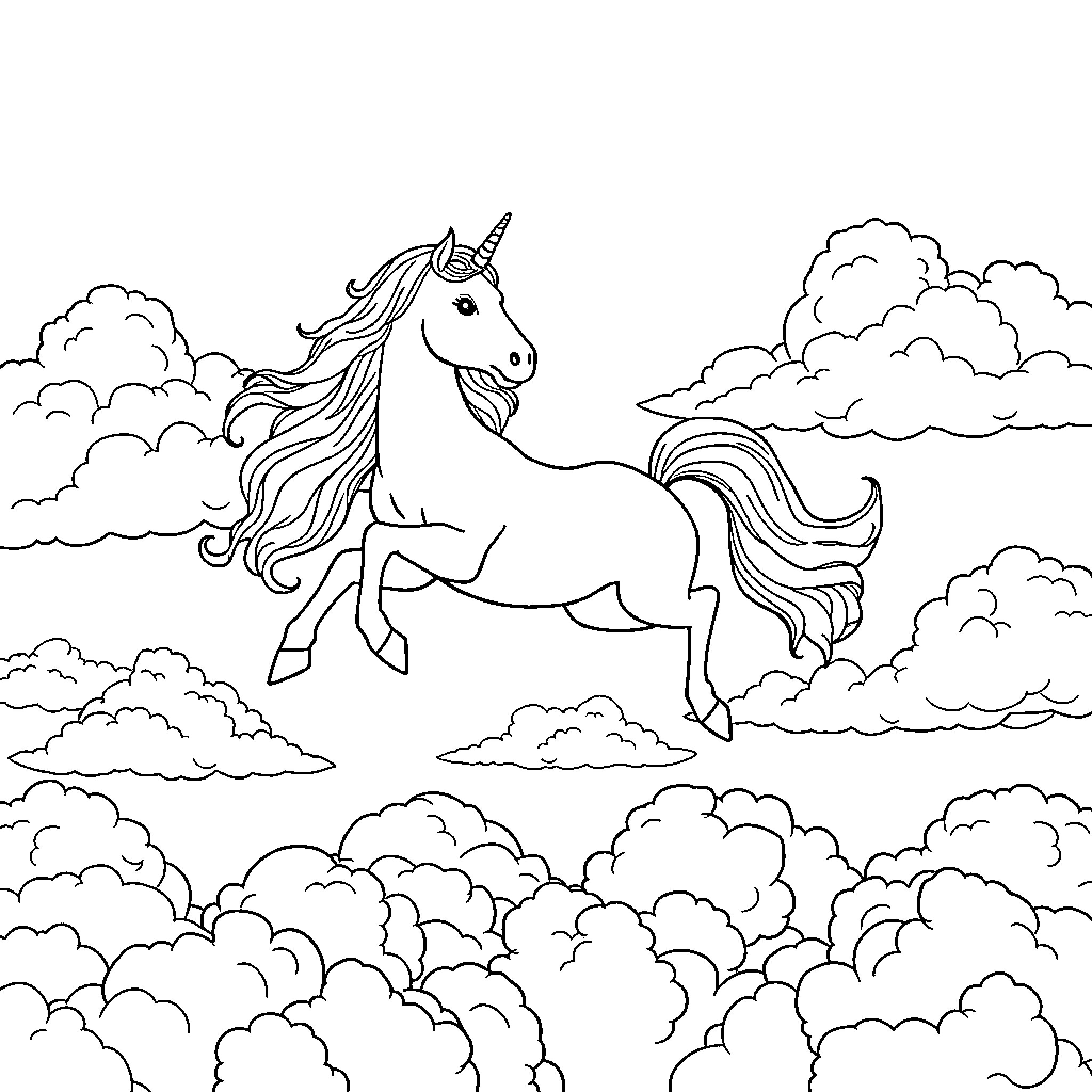 Unicorn soaring through the magical clouds Coloring Page (free black-and-white line drawing printable PDF for all, from beginners to advanced learners, including children, teens, adults, and seniors)