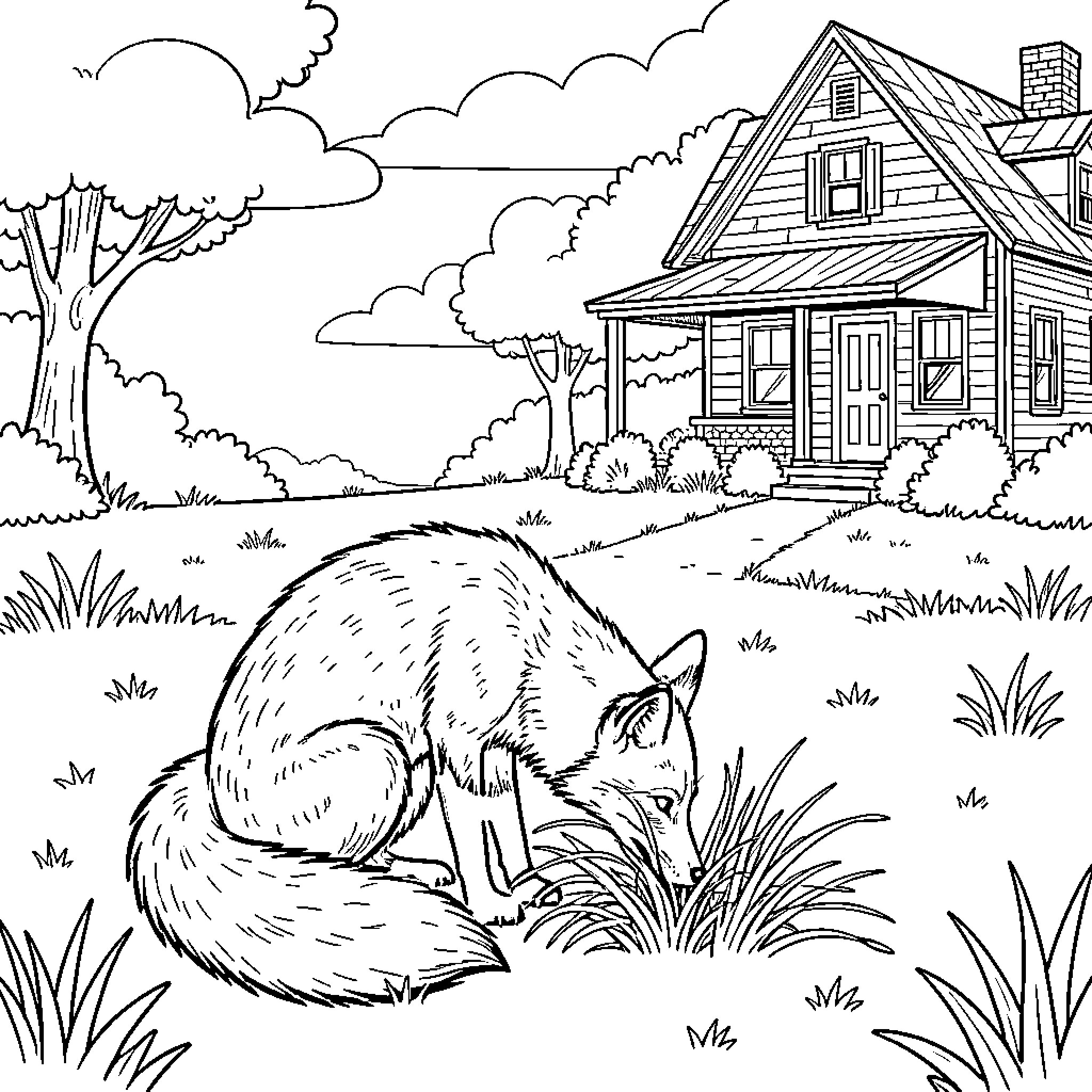 Fox sniffing grass in a backyard near a house Coloring Page (free black-and-white line drawing printable PDF for all, from beginners to advanced learners, including children, teens, adults, and seniors)