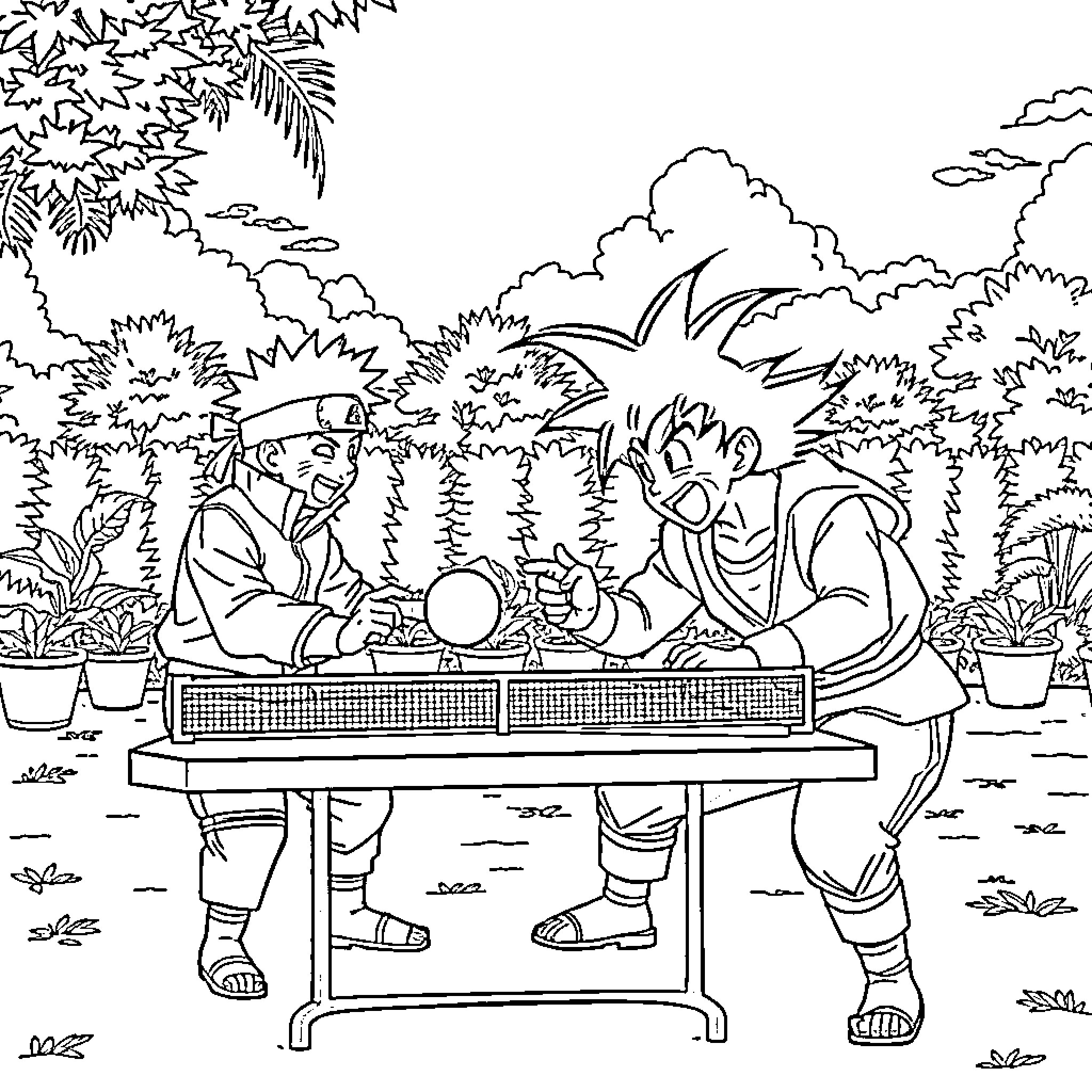 Naruto characters playing table tennis in the garden Coloring Page (free black-and-white line drawing printable PDF for all, from beginners to advanced learners, including children, teens, adults, and seniors)