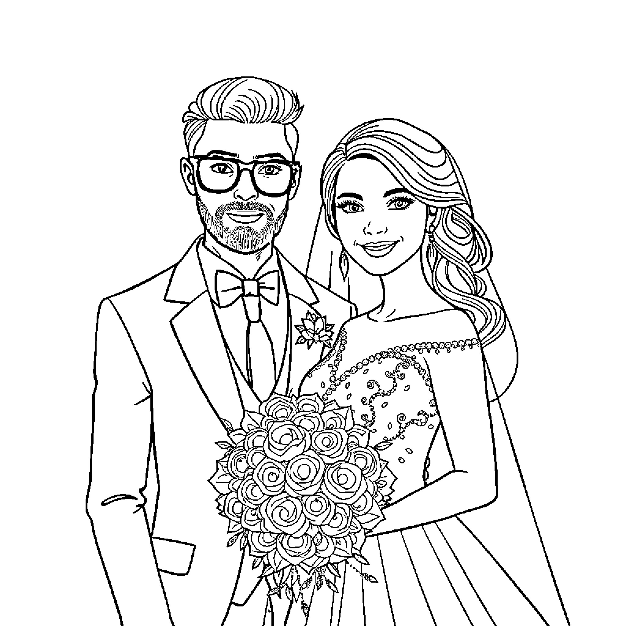 Bride and Groom in Formal Wedding Attire Coloring Page (free black-and-white line drawing printable PDF for all, from beginners to advanced learners, including children, teens, adults, and seniors)
